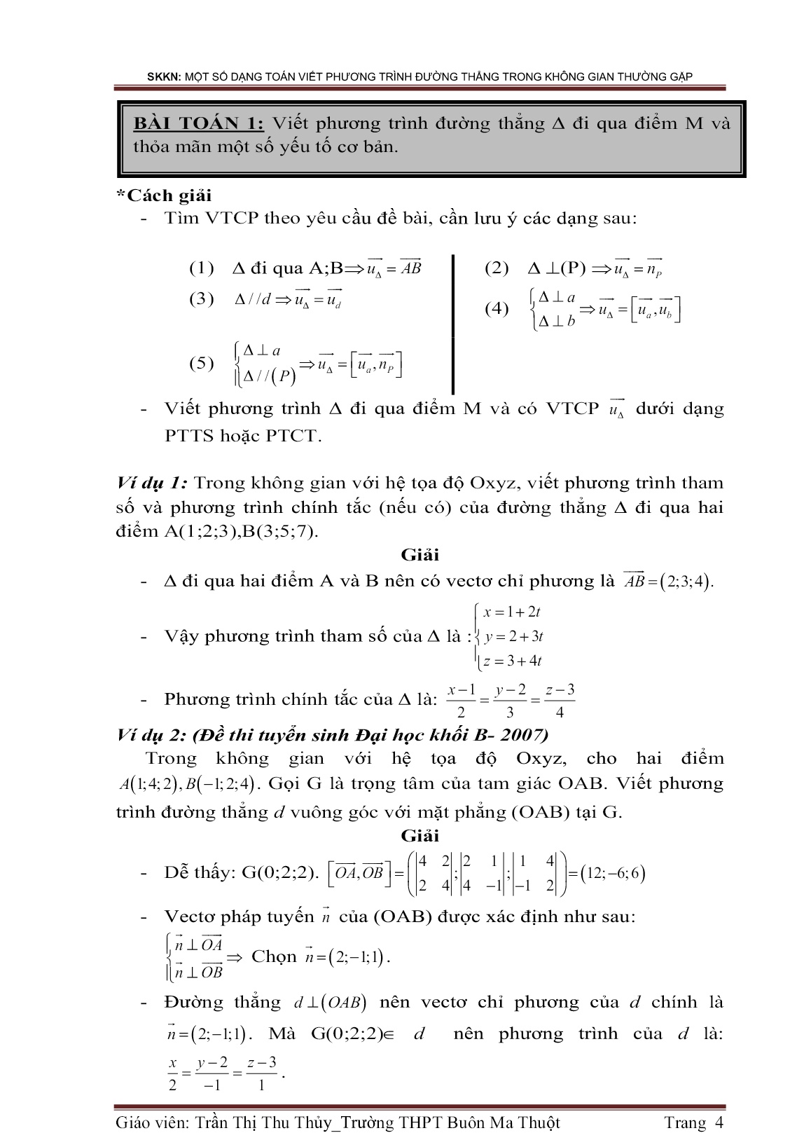 Sáng kiến kinh nghiệm Một số dạng toán viết phương trình đường thẳng trong không gian thường gặp trang 4
