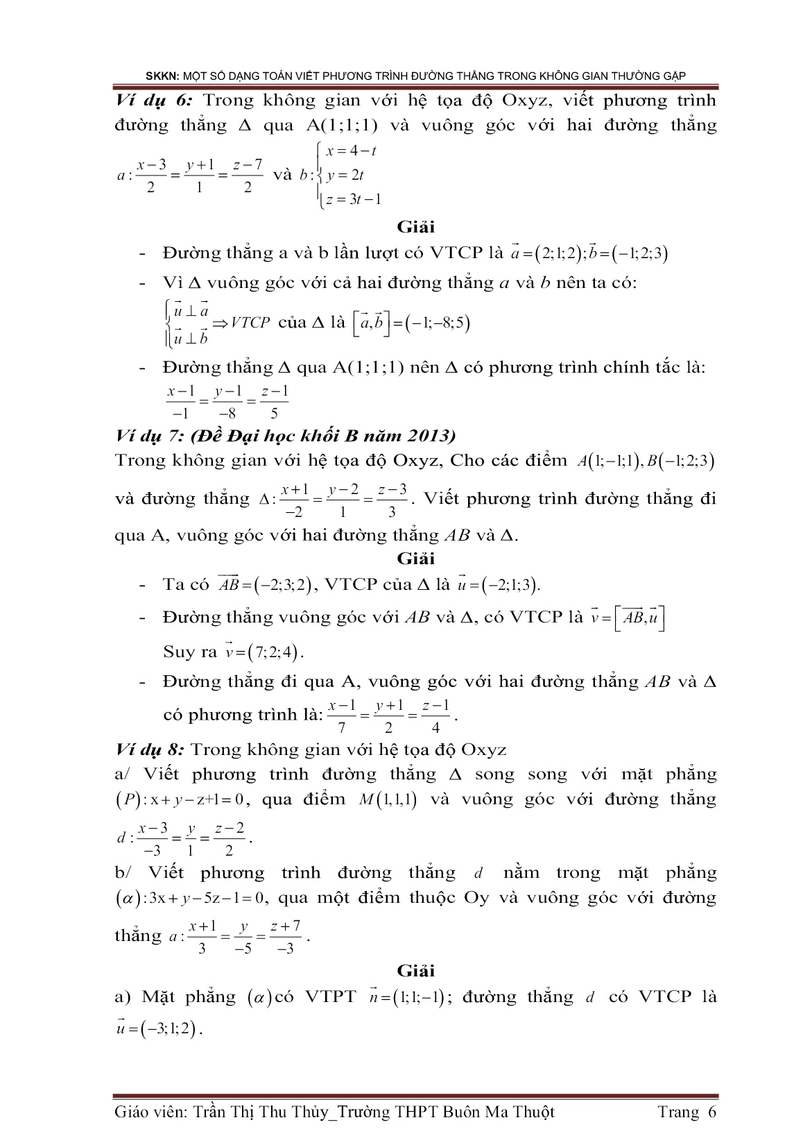 Sáng kiến kinh nghiệm Một số dạng toán viết phương trình đường thẳng trong không gian thường gặp trang 6