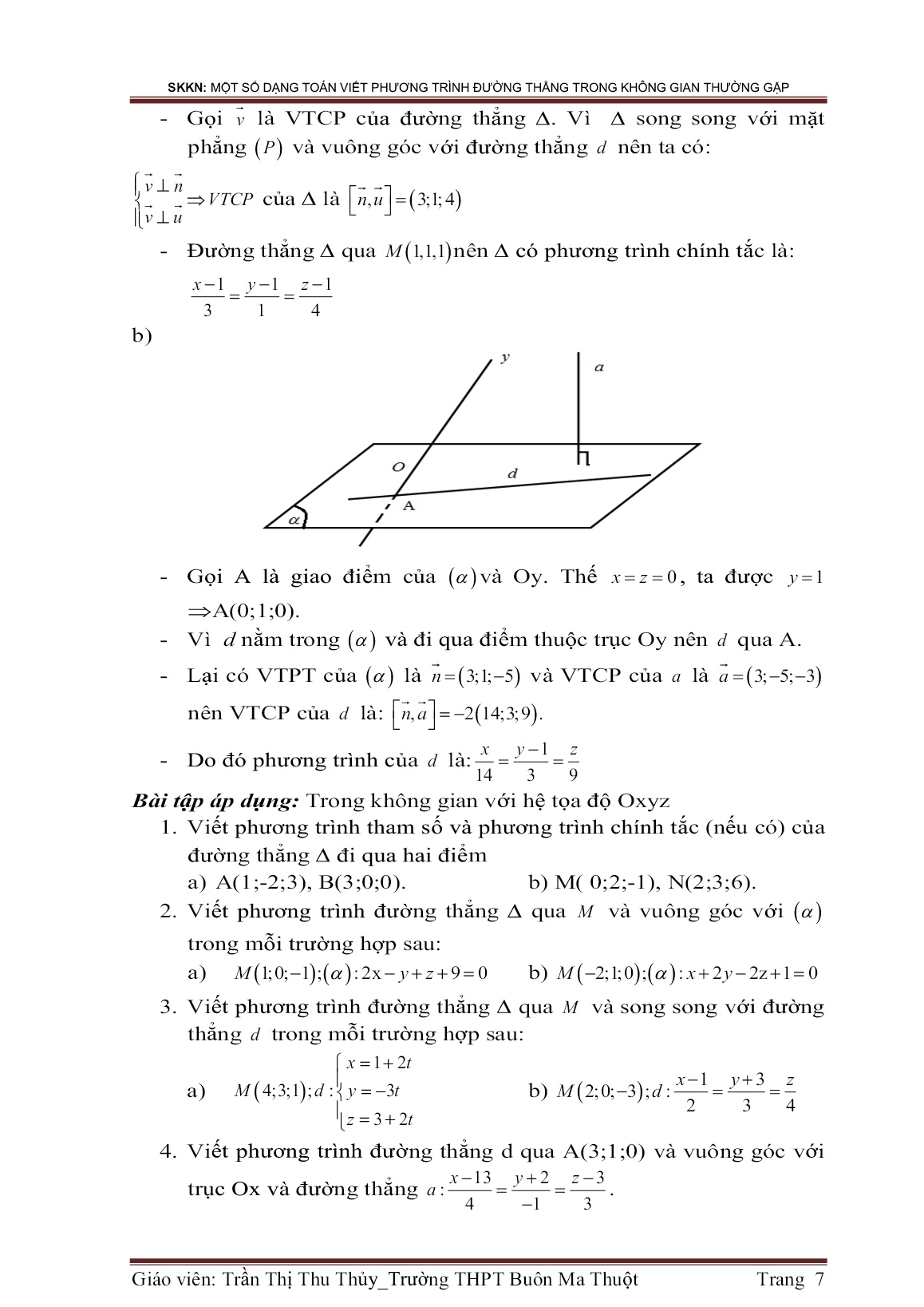 Sáng kiến kinh nghiệm Một số dạng toán viết phương trình đường thẳng trong không gian thường gặp trang 7
