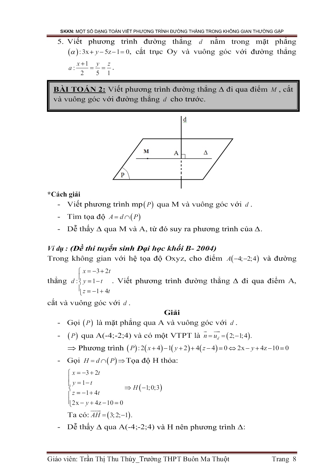 Sáng kiến kinh nghiệm Một số dạng toán viết phương trình đường thẳng trong không gian thường gặp trang 8