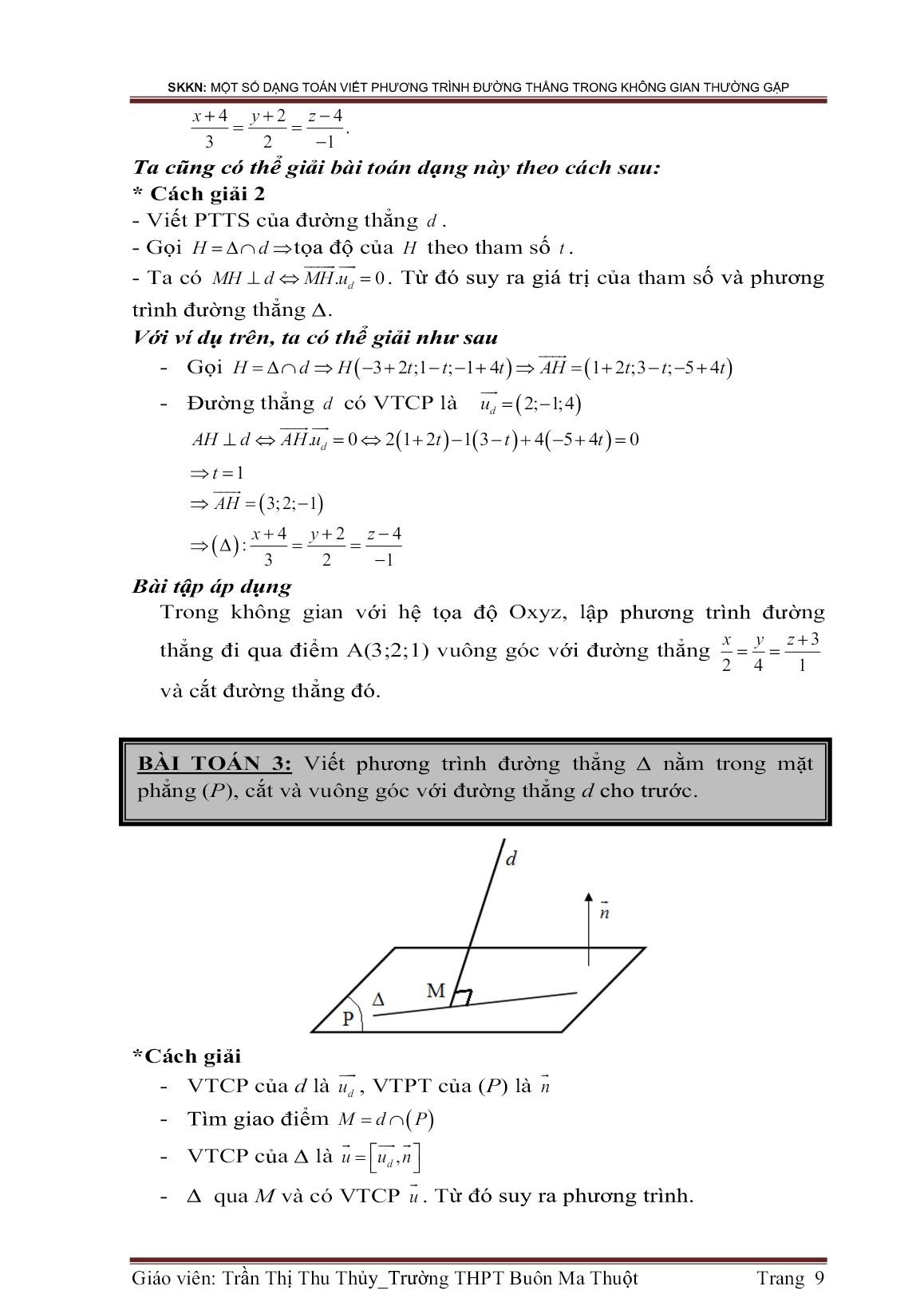 Sáng kiến kinh nghiệm Một số dạng toán viết phương trình đường thẳng trong không gian thường gặp trang 9