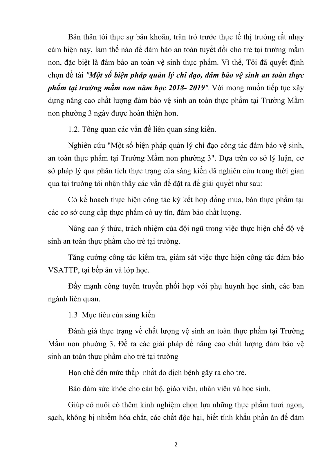 SKKN Một số biện pháp quản lý chỉ đạo, đảm bảo vệ sinh an toàn thực phẩm tại trường mầm non năm học 2018- 2019 trang 2