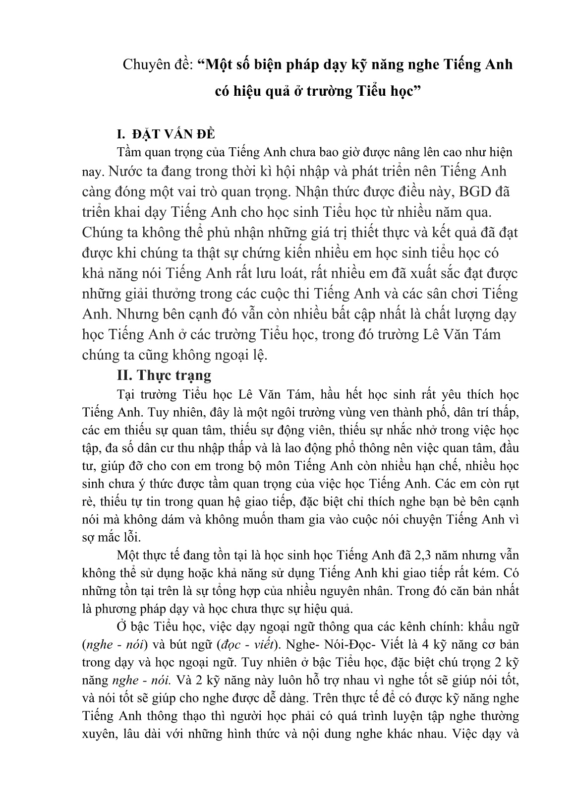 Báo cáo biện pháp Một số biện pháp dạy kỹ năng nghe Tiếng Anh có hiệu quả ở trường Tiểu học trang 1