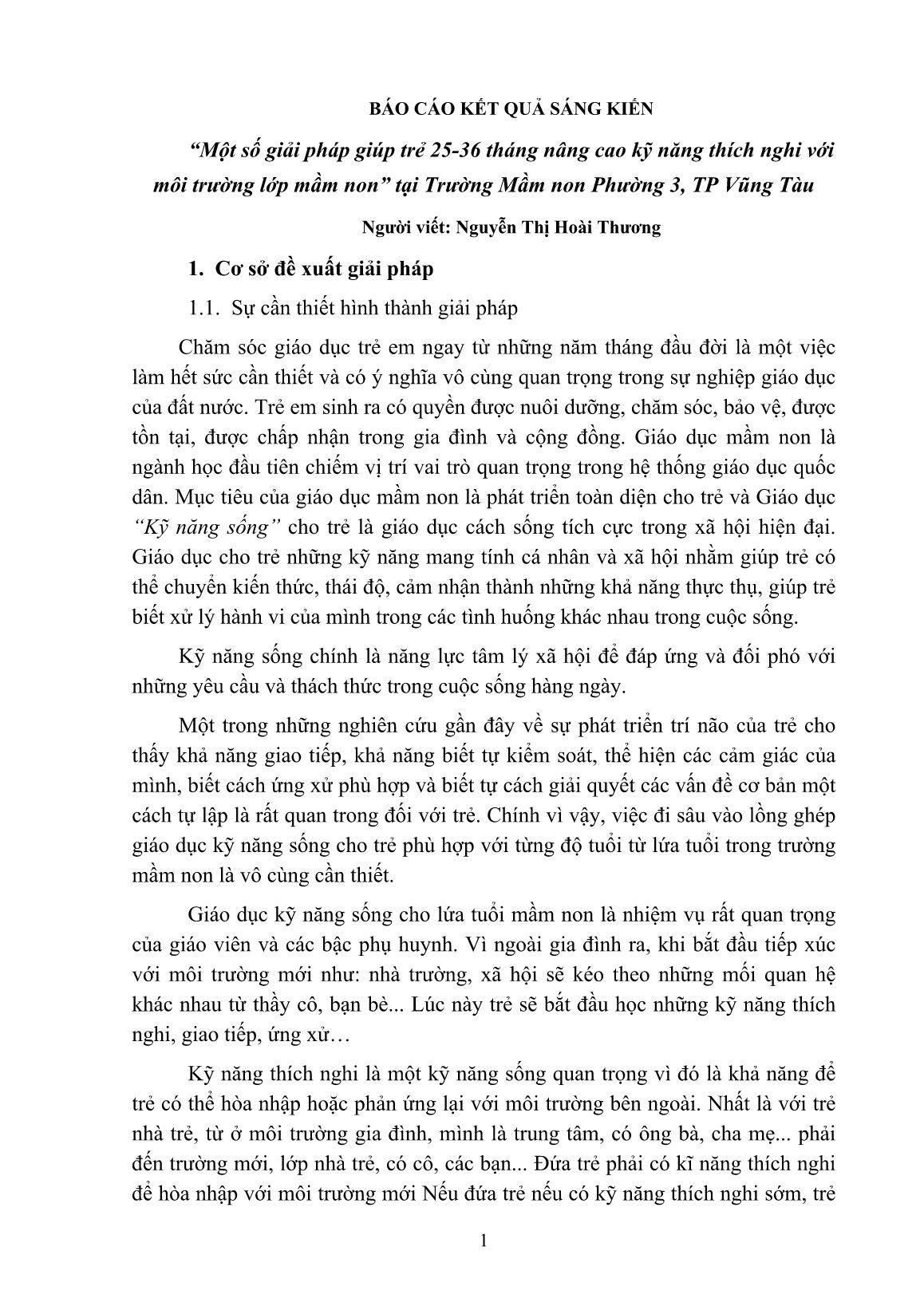 SKKN Một số giải pháp giúp trẻ 25-36 tháng nâng cao kỹ năng thích nghi với môi trường lớp mầm non tại Trường Mầm non Phường 3, TP Vũng Tàu trang 1