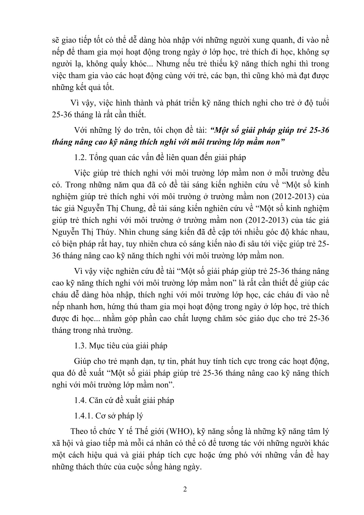 SKKN Một số giải pháp giúp trẻ 25-36 tháng nâng cao kỹ năng thích nghi với môi trường lớp mầm non tại Trường Mầm non Phường 3, TP Vũng Tàu trang 2