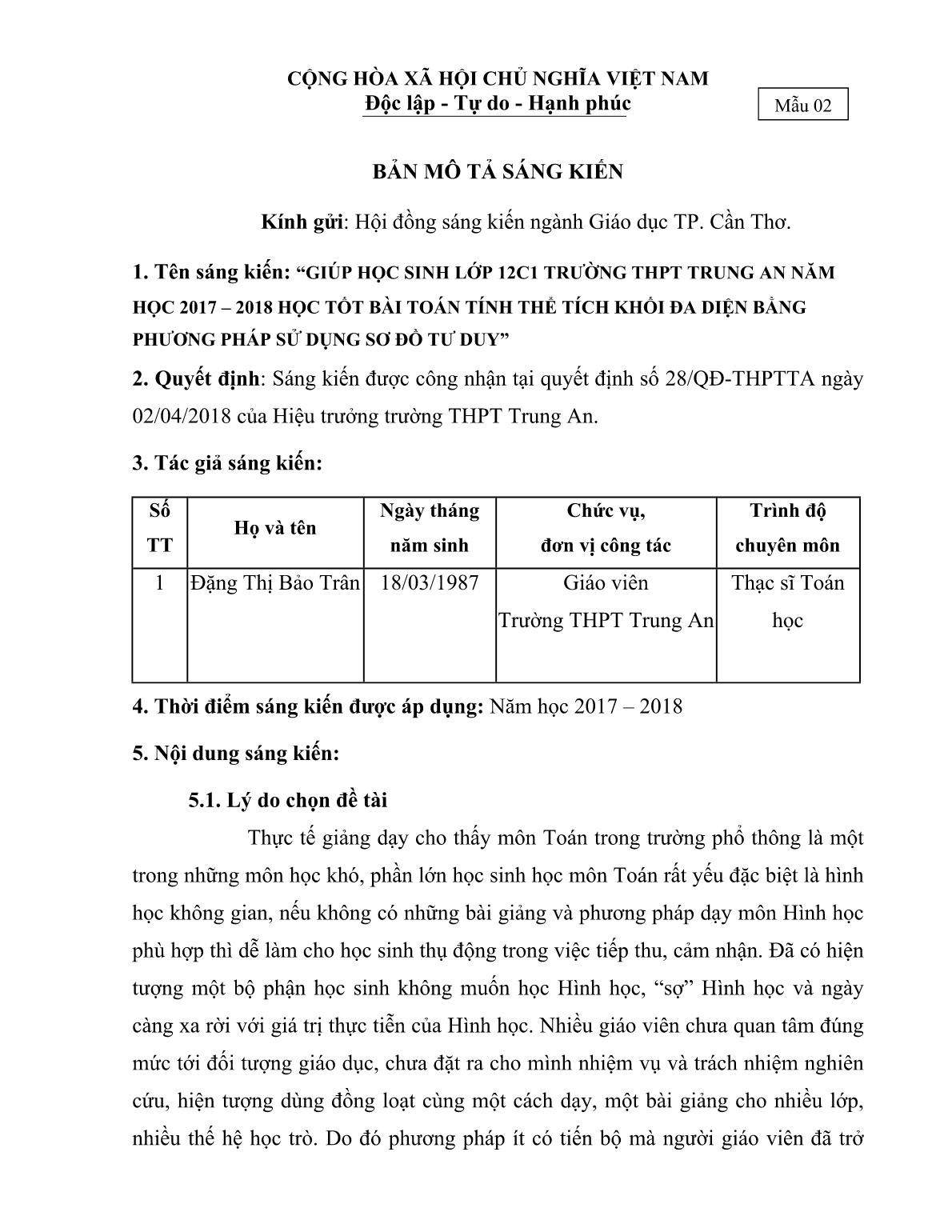 Mô tả Sáng kiến Giúp học sinh lớp 12C1 Trường THPT Trung An năm học 2017-2018 học tốt bài toán tính thể tích khối đa diện bằng phương pháp sử dụng sơ đồ tư duy trang 1