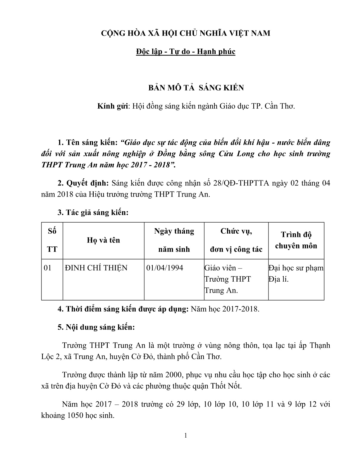 Mô tả Sáng kiến Giáo dục sự tác động của biến đổi khí hậu – nước biển dâng đối với sản xuất nông nghiệp ở Đồng bằng sông Cửu Long cho học sinh trường THPT Trung An trang 1