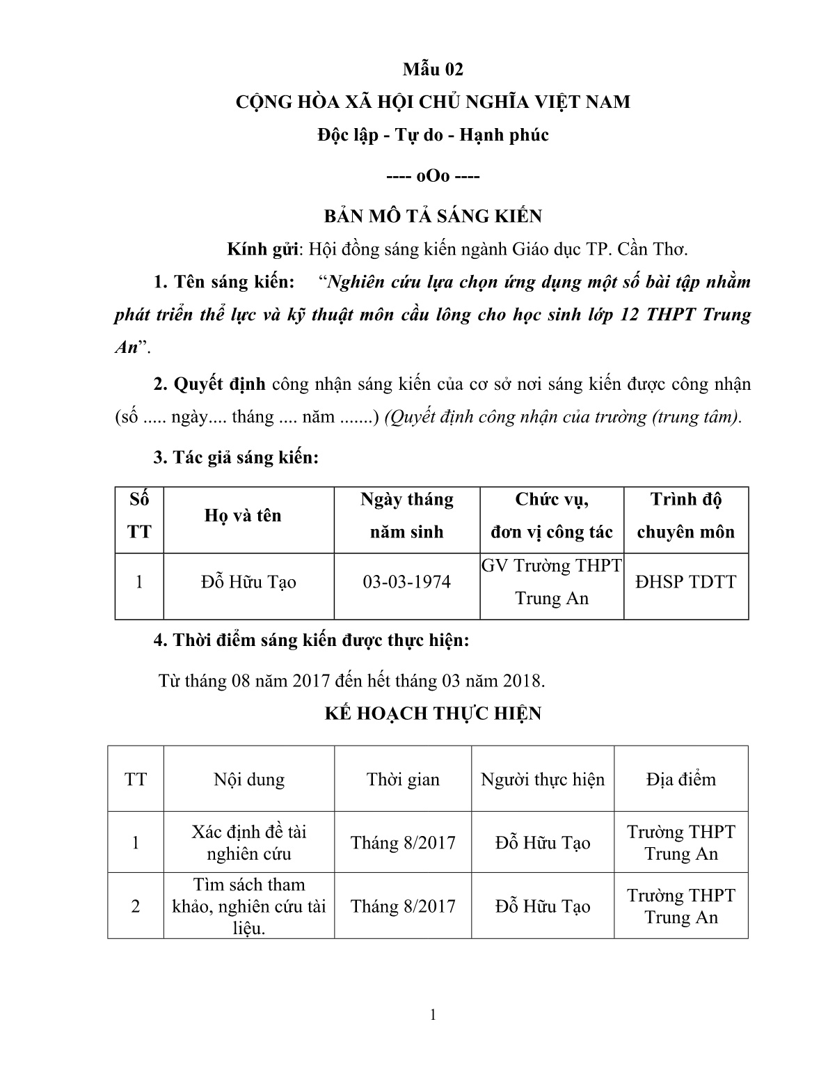 Mô tả Sáng kiến Nghiên cứu lựa chọn ứng dụng một số bài tập nhằm phát triển thể lực và kỹ thuật môn cầu lông cho học sinh lớp 12 THPT Trung An trang 1