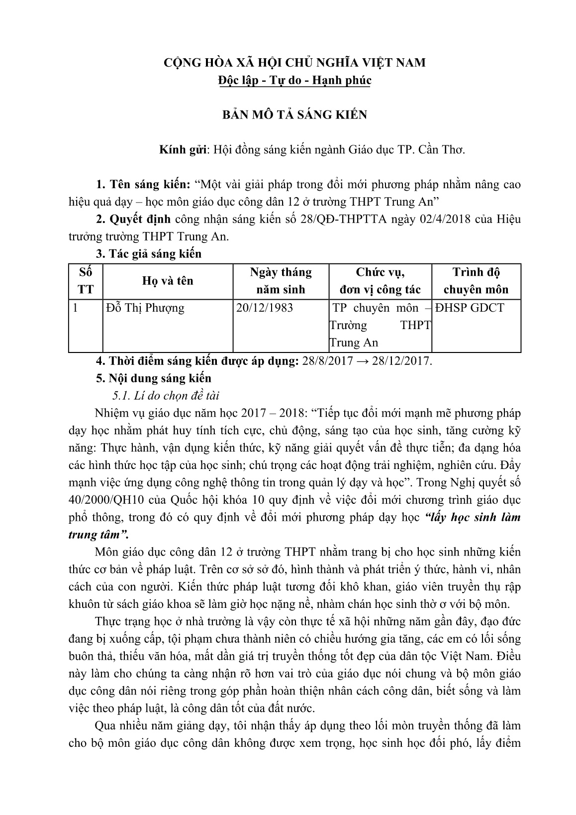 Mô tả Sáng kiến Một vài giải pháp trong đổi mới phương pháp nhằm nâng cao hiệu quả dạy - học môn Giáo dục công dân 12 ở trường THPT Trung An trang 1