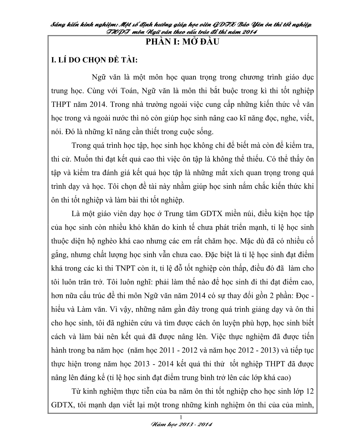 SKKN Một số định hướng giúp học viên GDTX Bảo Yên ôn thi tốt nghiệp THPT môn Ngữ văn theo cấu trúc đề thi năm 2014 trang 1 SKKN Một số định hướng giúp học viên GDTX Bảo Yên ôn thi tốt nghiệp THPT môn Ngữ văn theo cấu trúc đề thi năm 2014 trang 1