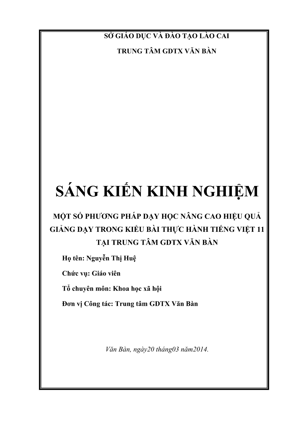SKKN Một số phương pháp dạy học nâng cao hiệu quả giảng dạy trong kiểu bài thực hành Tiếng Việt 11 tại trung tâm GDTX Văn Bàn trang 1 SKKN Một số phương pháp dạy học nâng cao hiệu quả giảng dạy trong kiểu bài thực hành Tiếng Việt 11 tại trung tâm GDTX Văn Bàn trang 1