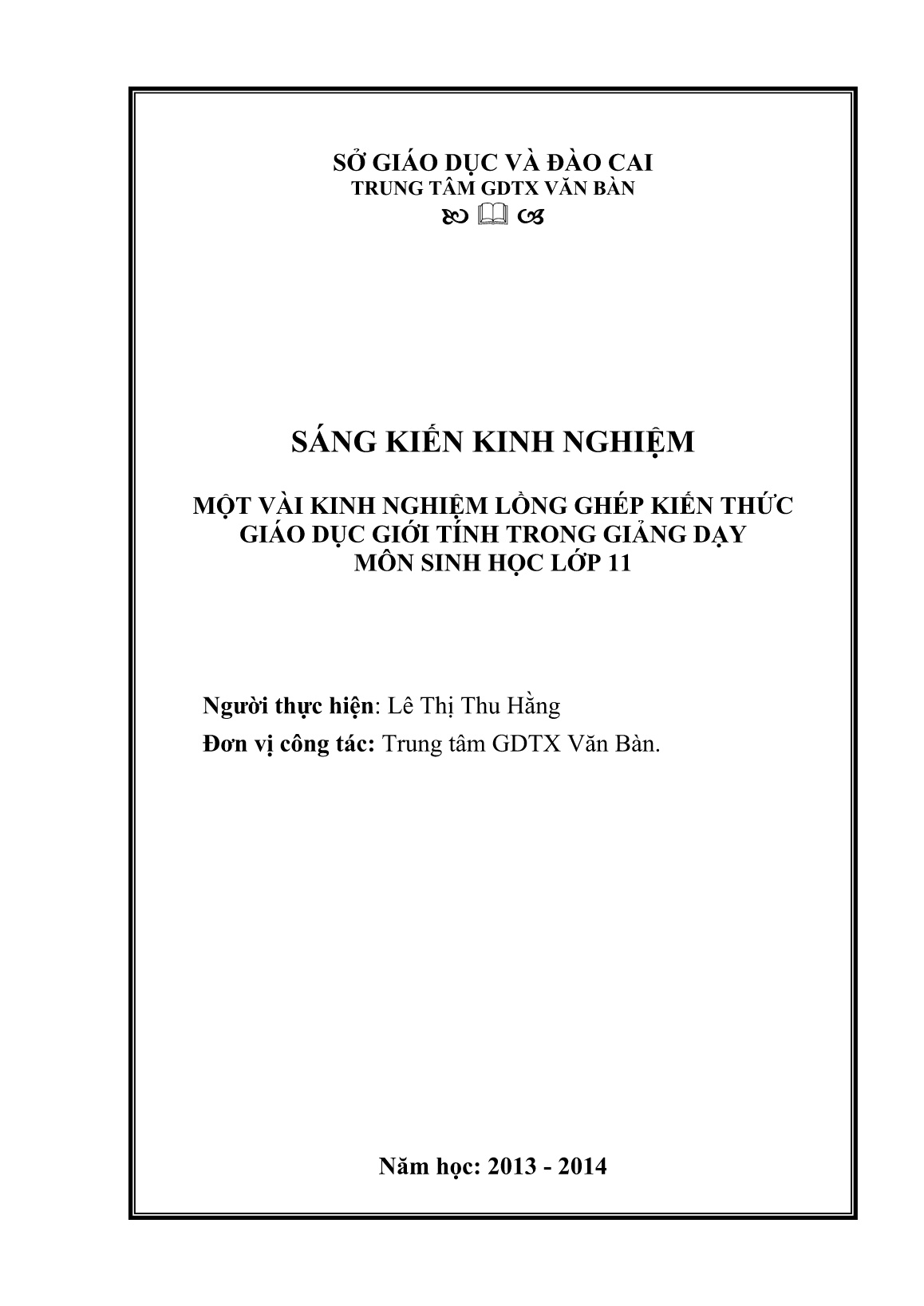 Sáng kiến kinh nghiệm Một vài kinh nghiệm lồng ghép kiến thức giáo dục giới tính trong giảng dạy môn Sinh học Lớp 11 trang 1 Sáng kiến kinh nghiệm Một vài kinh nghiệm lồng ghép kiến thức giáo dục giới tính trong giảng dạy môn Sinh học Lớp 11 trang 1