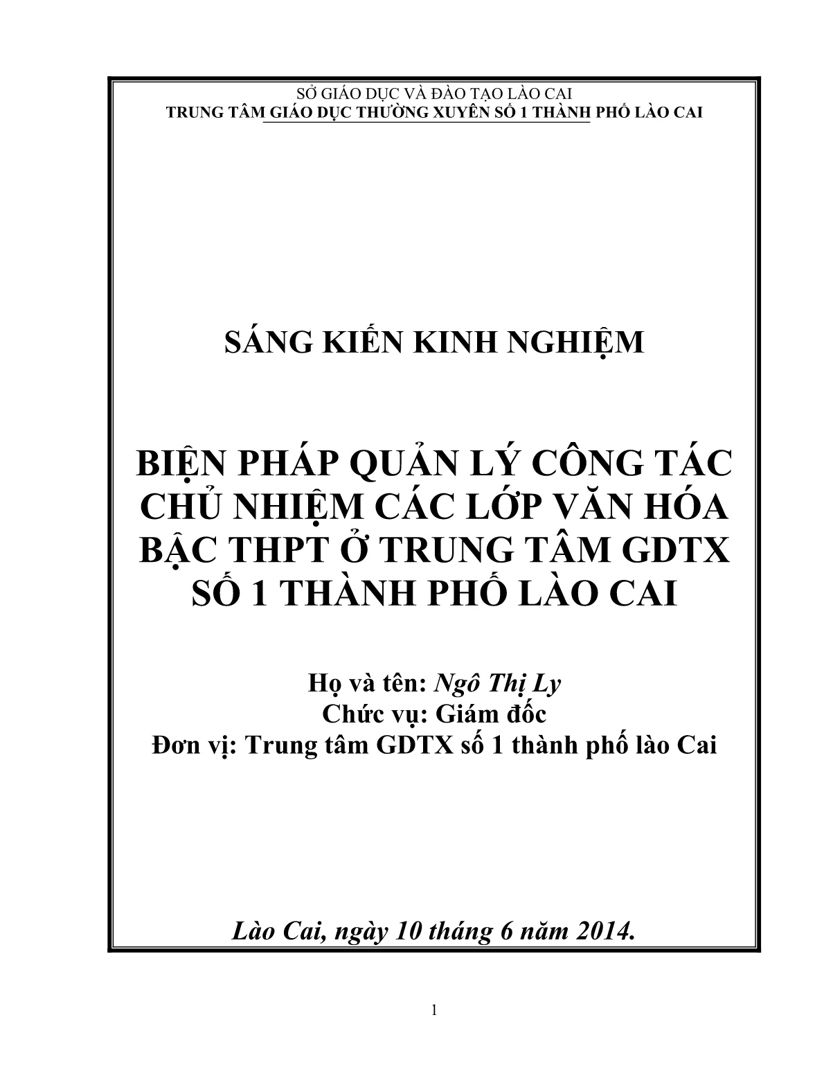 SKKN Biện pháp quản lý công tác chủ nhiệm các lớp văn hóa bậc THPT ở trung tâm GDTX số 1 Thành phố Lào Cai trang 1 SKKN Biện pháp quản lý công tác chủ nhiệm các lớp văn hóa bậc THPT ở trung tâm GDTX số 1 Thành phố Lào Cai trang 1