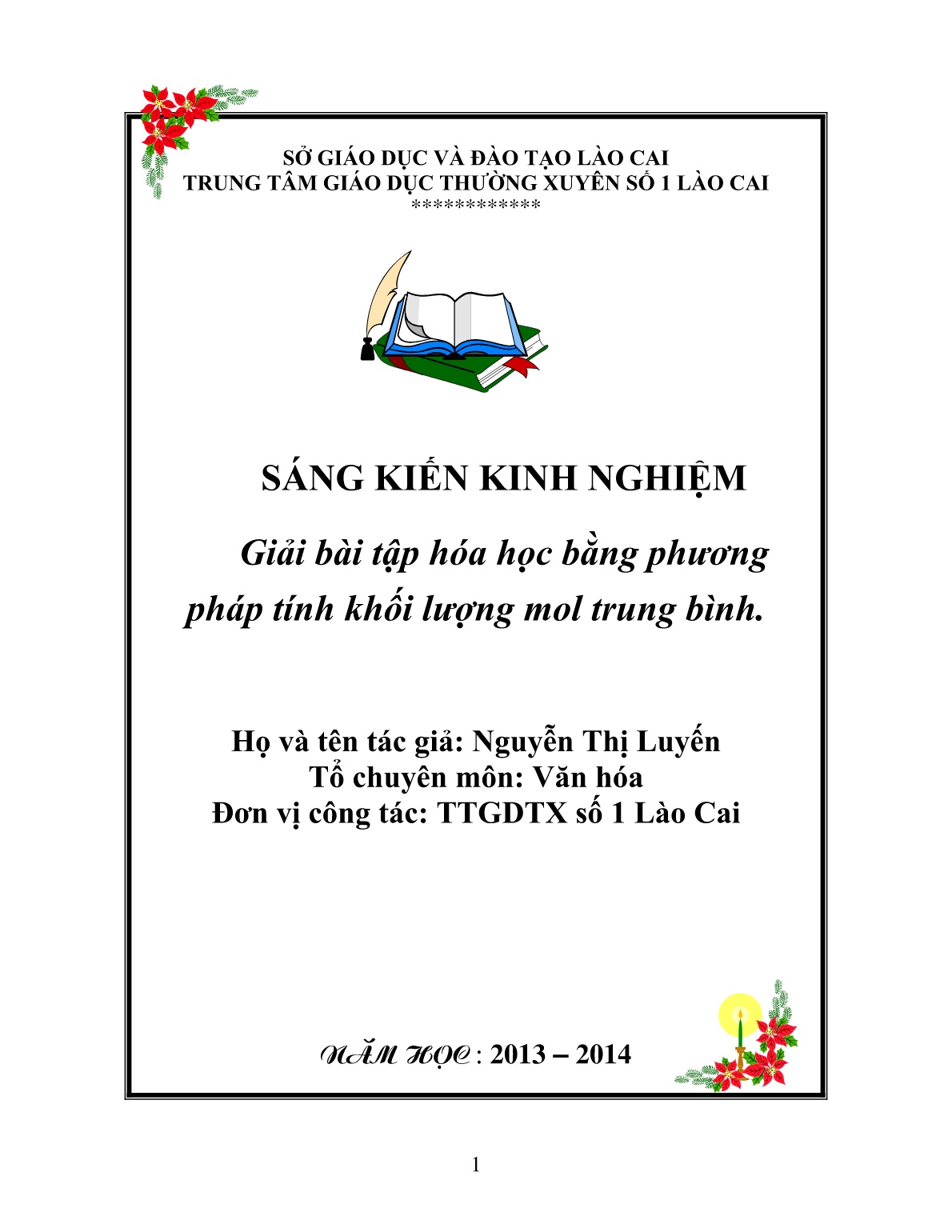 Sáng kiến kinh nghiệm Giải bài tập hóa học bằng phương pháp tính khối lượng mol trung bình trang 1 Sáng kiến kinh nghiệm Giải bài tập hóa học bằng phương pháp tính khối lượng mol trung bình trang 1