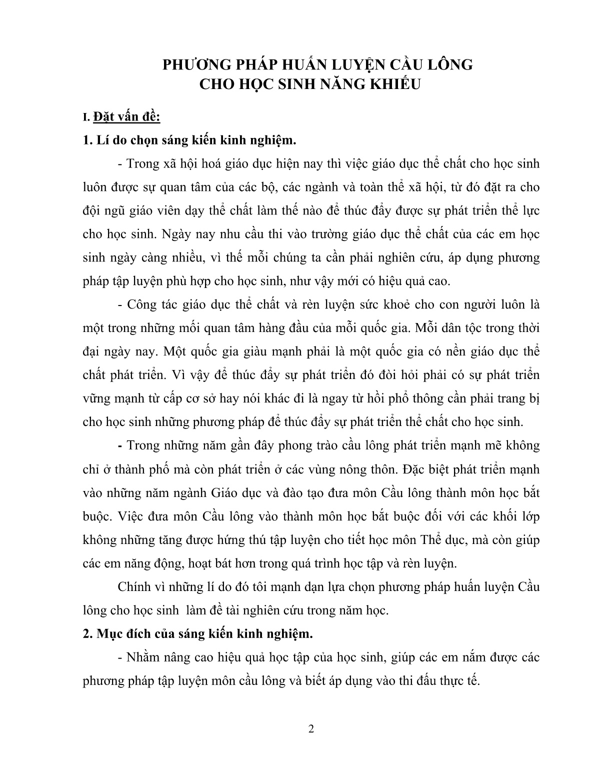 Sáng kiến kinh nghiệm Phương pháp huấn luyện cầu lông cho học sinh năng khiếu trang 2 Sáng kiến kinh nghiệm Phương pháp huấn luyện cầu lông cho học sinh năng khiếu trang 2