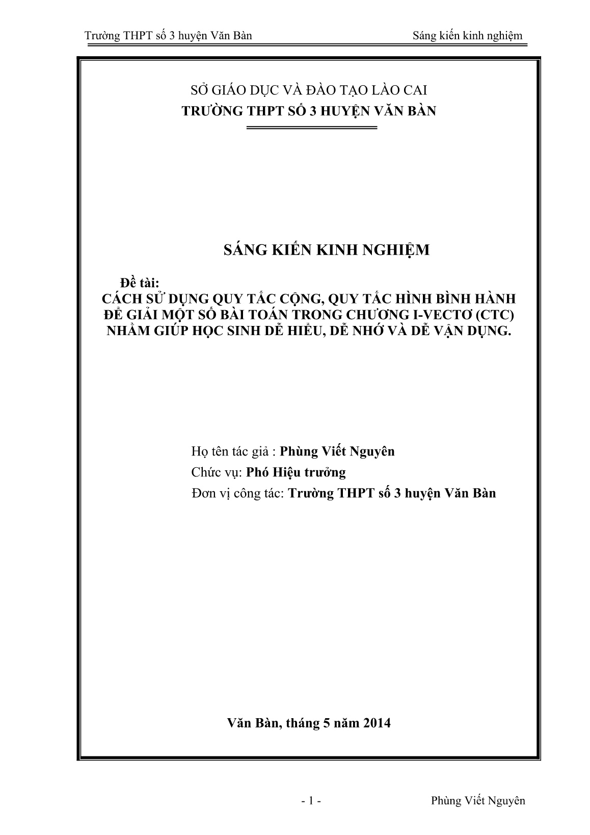 SKKN Cách sử dụng quy tắc cộng, quy tắc hình bình hành để giải một số bài toán trong chương I-Vectơ (CTC) nhằm giúp học sinh dễ hiểu, dễ nhớ và dễ vận dụng trang 1 SKKN Cách sử dụng quy tắc cộng, quy tắc hình bình hành để giải một số bài toán trong chương I-Vectơ (CTC) nhằm giúp học sinh dễ hiểu, dễ nhớ và dễ vận dụng trang 1