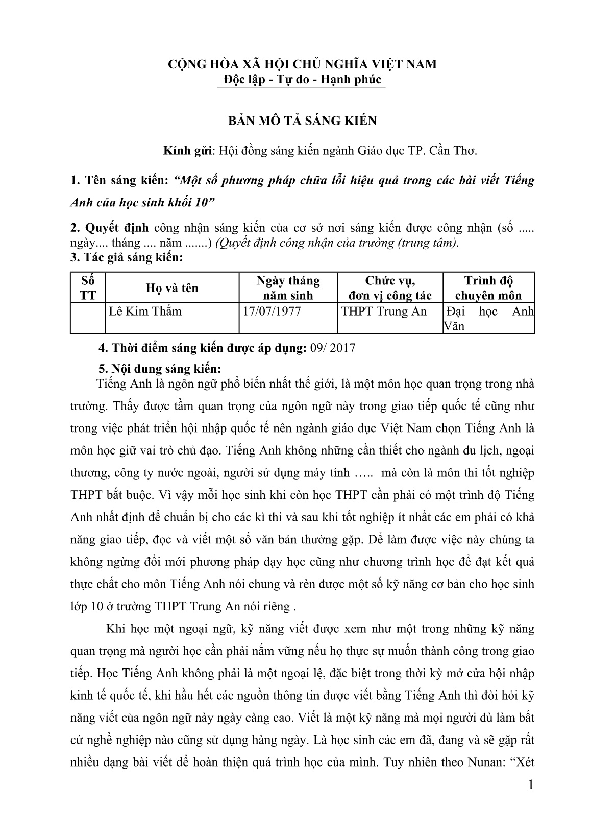 Mô tả Sáng kiến Một số phương pháp chữa lỗi hiệu quả trong các bài viết Tiếng Anh của học sinh khối 10 trang 1