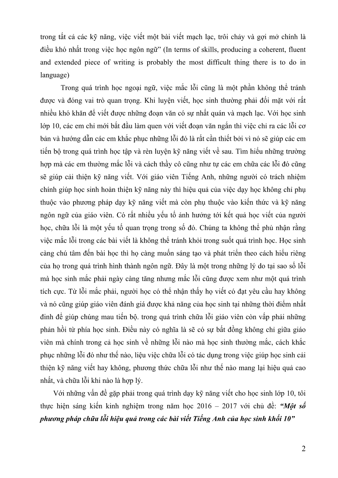 Mô tả Sáng kiến Một số phương pháp chữa lỗi hiệu quả trong các bài viết Tiếng Anh của học sinh khối 10 trang 2