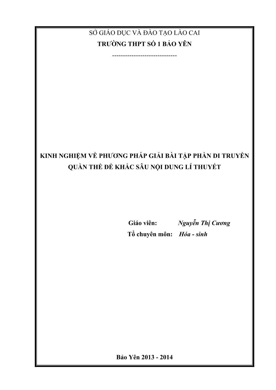 Sáng kiến kinh nghiệm Kinh nghiệm về phương pháp giải bài tập phần di truyền quần thể để khắc sâu nội dung lí thuyết trang 1 Sáng kiến kinh nghiệm Kinh nghiệm về phương pháp giải bài tập phần di truyền quần thể để khắc sâu nội dung lí thuyết trang 1