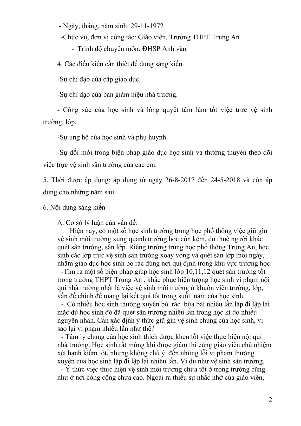 Mô tả Sáng kiến Một số biện pháp giáo dục học sinh trực vệ sinh sân trường tốt ở trường THPT Trung An năm học 2017- 2018 trang 2