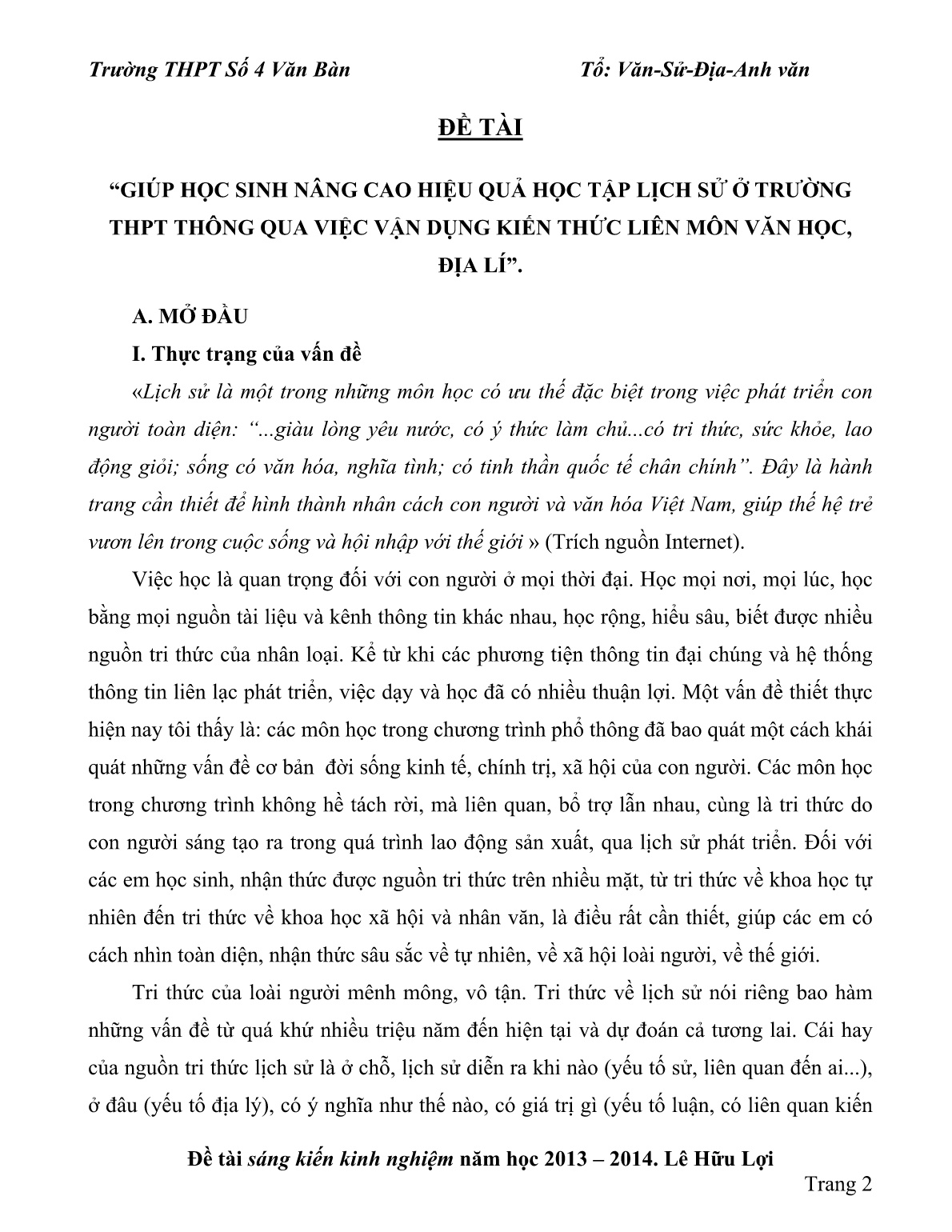 SKKN Giúp học sinh nâng cao hiệu quả học tập lịch sử ở trường THPT thông qua việc vận dụng kiến thức liên môn Văn học, Địa lí trang 2 SKKN Giúp học sinh nâng cao hiệu quả học tập lịch sử ở trường THPT thông qua việc vận dụng kiến thức liên môn Văn học, Địa lí trang 2