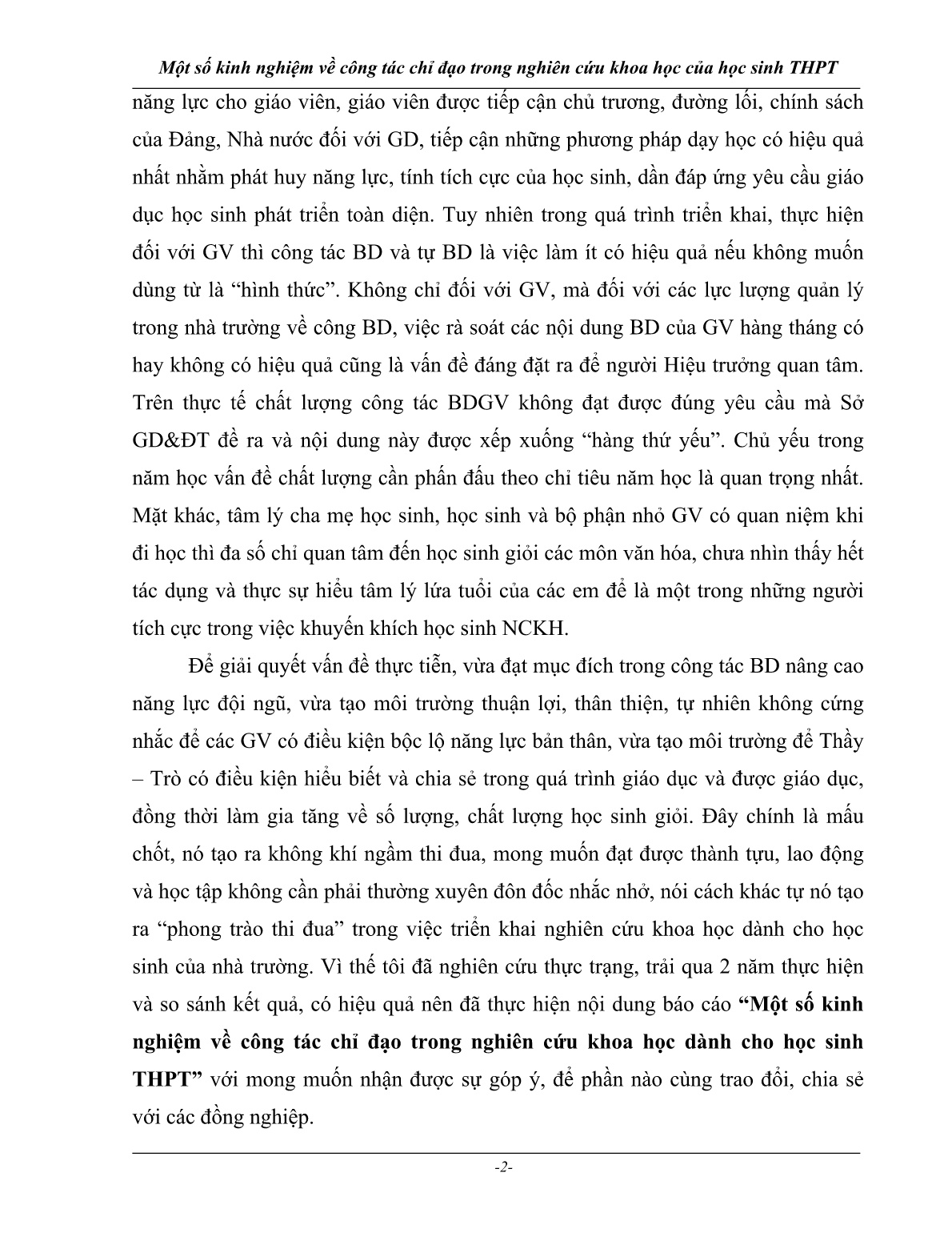 Sáng kiến kinh nghiệm Một số kinh nghiệm về công tác chỉ đạo trong nghiên cứu khoa học của học sinh THPT trang 2 Sáng kiến kinh nghiệm Một số kinh nghiệm về công tác chỉ đạo trong nghiên cứu khoa học của học sinh THPT trang 2