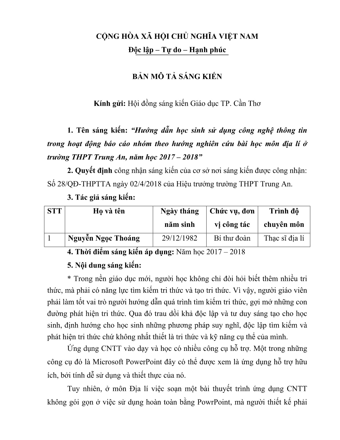 Mô tả Sáng kiến Hướng dẫn học sinh sử dụng công nghệ thông tin trong hoạt động Báo cáo nhóm theo hướng nghiên cứu bài học môn Địa lí ở trường THPT Trung An, năm học 2017-2018 trang 1