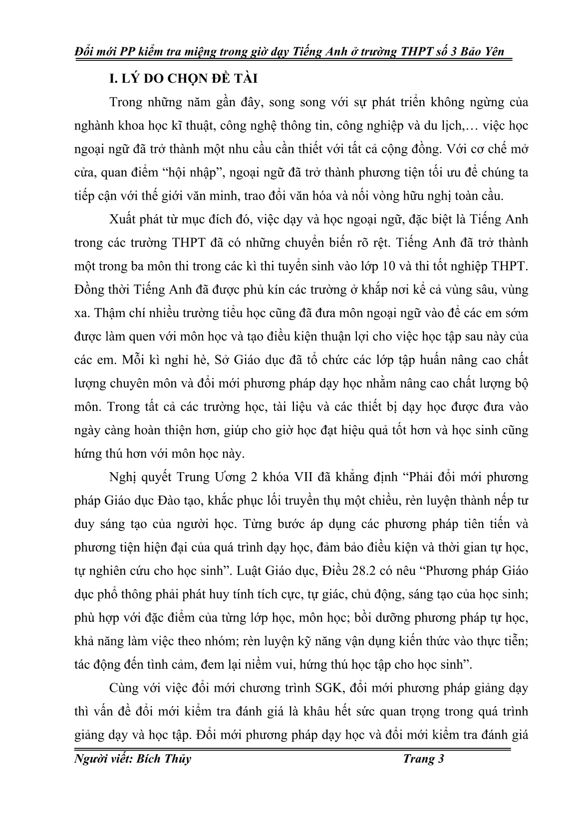 Sáng kiến kinh nghiệm Đổi mới phương pháp kiểm tra miệng trong giờ dạy Tiếng Anh ở trường THPT số 3 Bảo Yên trang 3 Sáng kiến kinh nghiệm Đổi mới phương pháp kiểm tra miệng trong giờ dạy Tiếng Anh ở trường THPT số 3 Bảo Yên trang 3