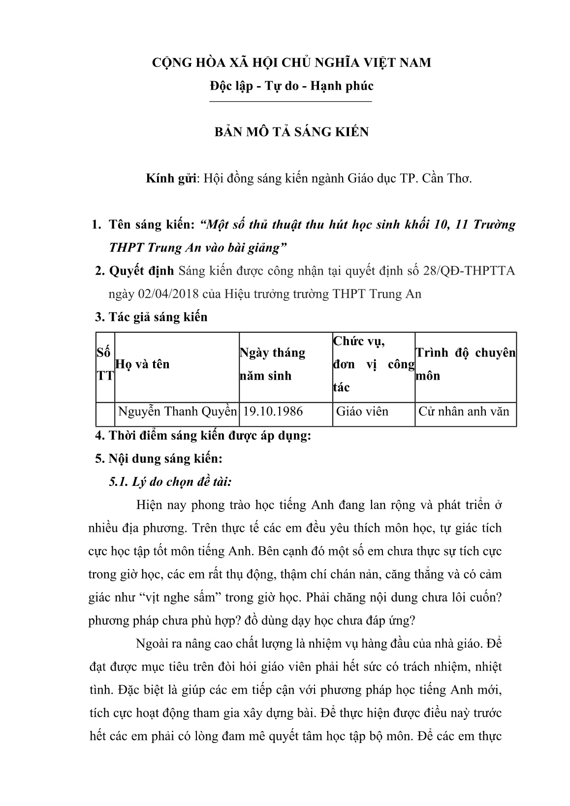 Mô tả Sáng kiến Một số thủ thuật thu hút học sinh Khối 10, 11 Trường THPT Trung An vào bài giảng trang 1