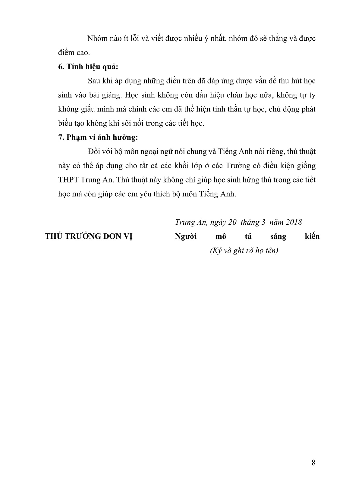 Mô tả Sáng kiến Một số thủ thuật thu hút học sinh Khối 10, 11 Trường THPT Trung An vào bài giảng trang 8