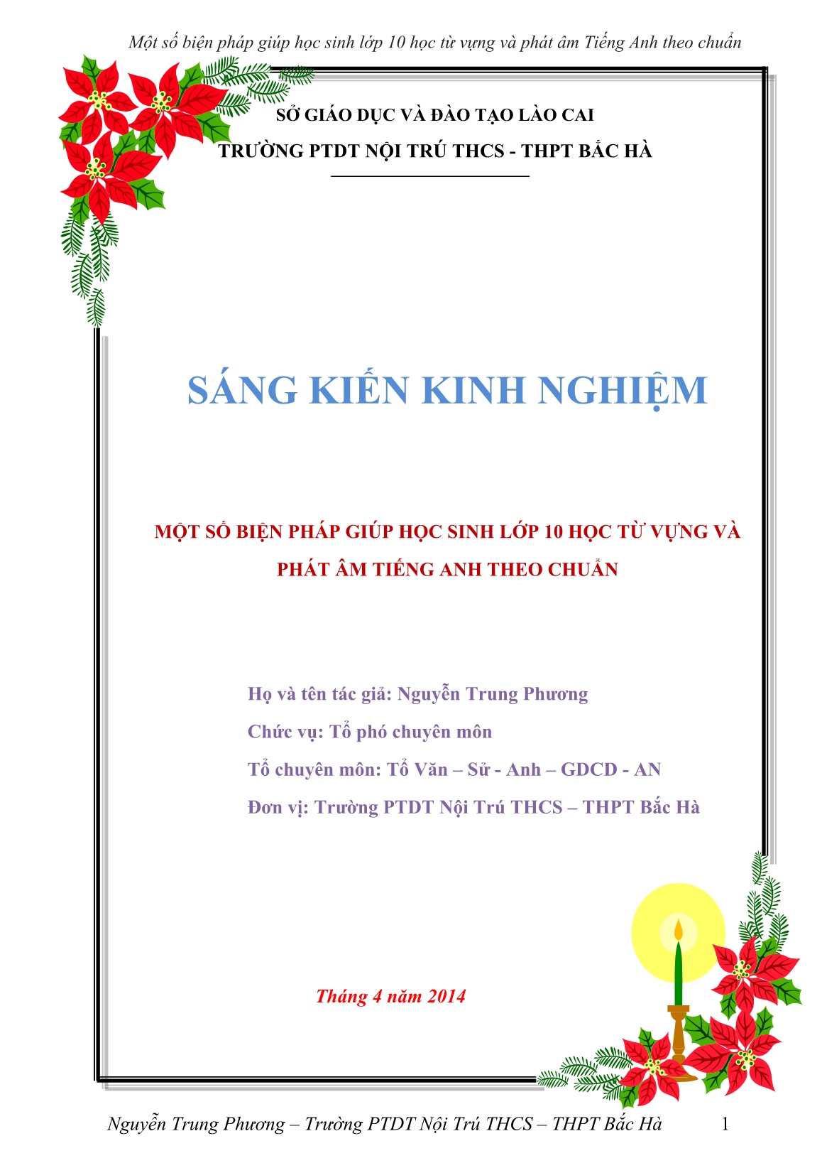 Sáng kiến kinh nghiệm Một số biện pháp giúp học sinh Lớp 10 học từ vựng và phát âm Tiếng Anh theo chuẩn trang 1
