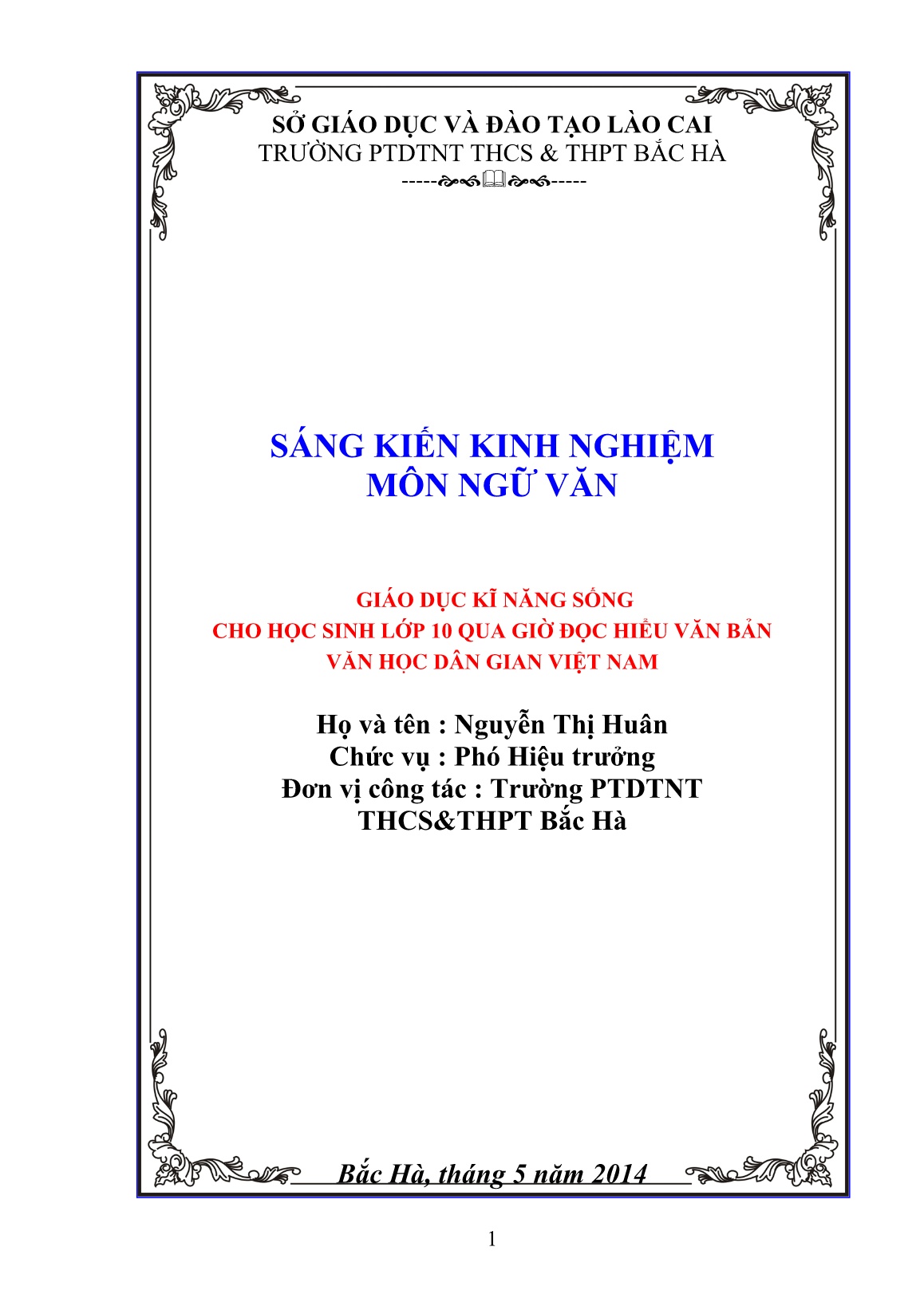 Sáng kiến kinh nghiệm Giáo dục kĩ năng sống cho học sinh Lớp 10 qua giờ đọc hiểu văn bản Văn học dân gian Việt Nam trang 1 Sáng kiến kinh nghiệm Giáo dục kĩ năng sống cho học sinh Lớp 10 qua giờ đọc hiểu văn bản Văn học dân gian Việt Nam trang 1