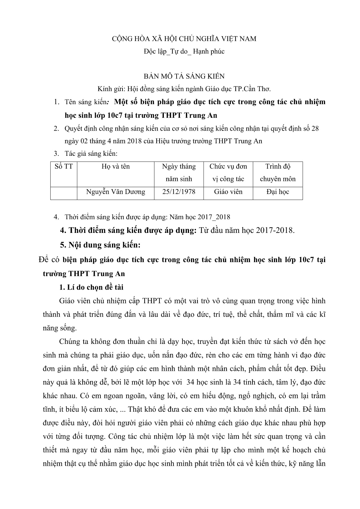 Mô tả Sáng kiến Một số biện pháp giáo dục tích cực trong công tác chủ nhiệm học sinh Lớp 10c7 tại trường THPT Trung An trang 1