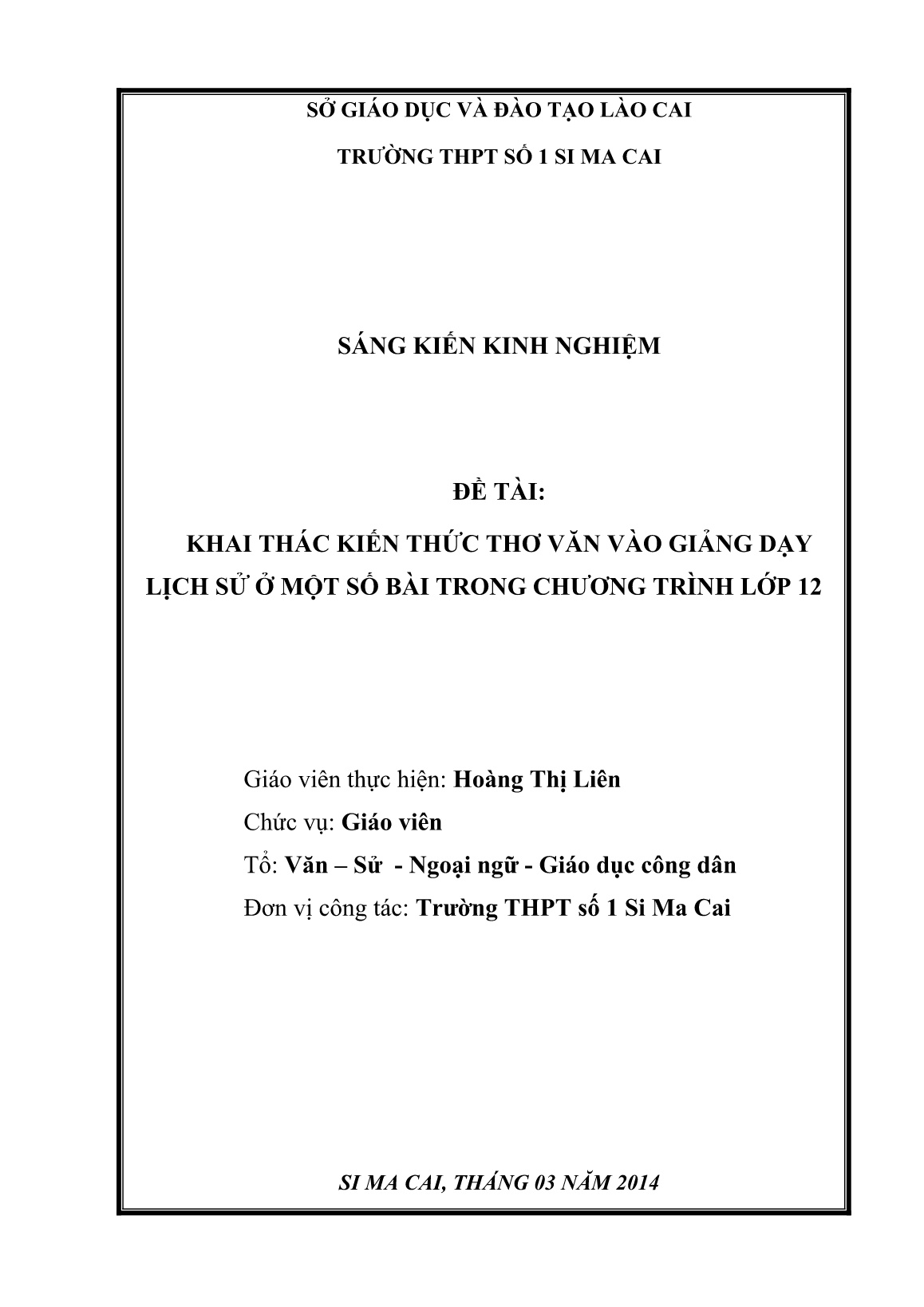 Sáng kiến kinh nghiệm Khai thác kiến thức thơ văn vào giảng dạy Lịch sử ở một số bài trong chương trình Lớp 12 trang 1 Sáng kiến kinh nghiệm Khai thác kiến thức thơ văn vào giảng dạy Lịch sử ở một số bài trong chương trình Lớp 12 trang 1