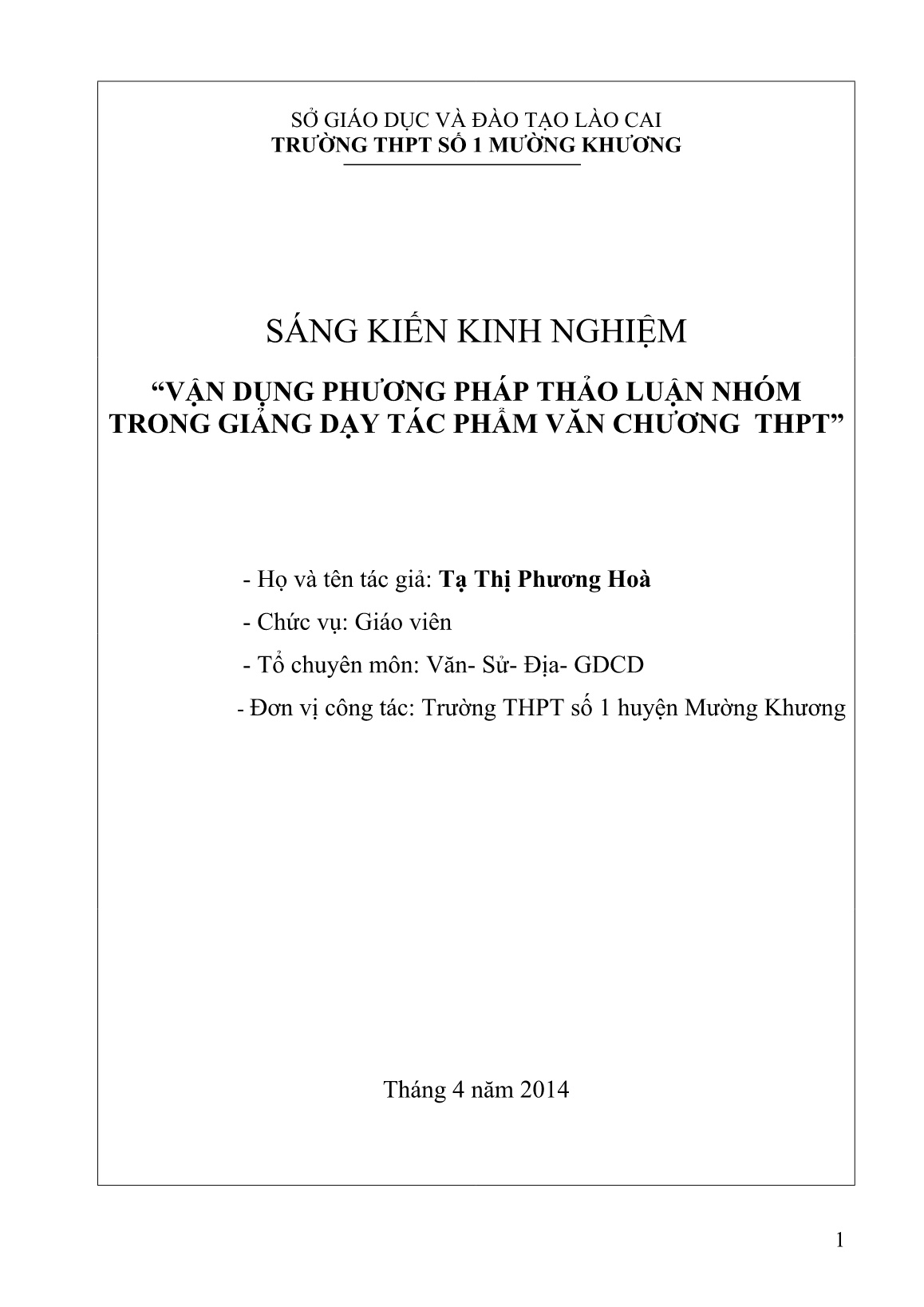 Sáng kiến kinh nghiệm Vận dụng phương pháp thảo luận nhóm trong giảng dạy tác phẩm văn chương THPT trang 1 Sáng kiến kinh nghiệm Vận dụng phương pháp thảo luận nhóm trong giảng dạy tác phẩm văn chương THPT trang 1
