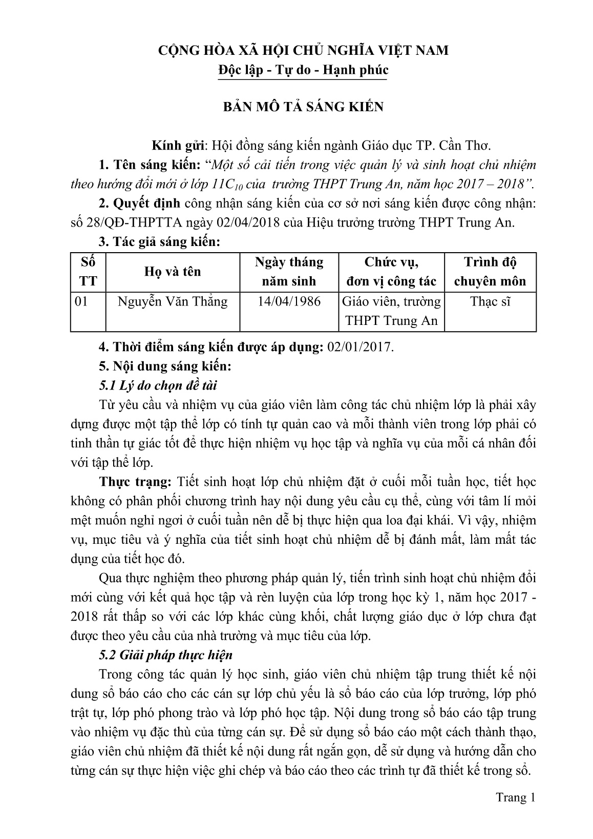 Mô tả Sáng kiến Một số cải tiến trong việc quản lý và sinh hoạt chủ nhiệm theo hướng đổi mới ở Lớp 11c10 của trường THPT Trung An, năm học 2017-2018” trang 3