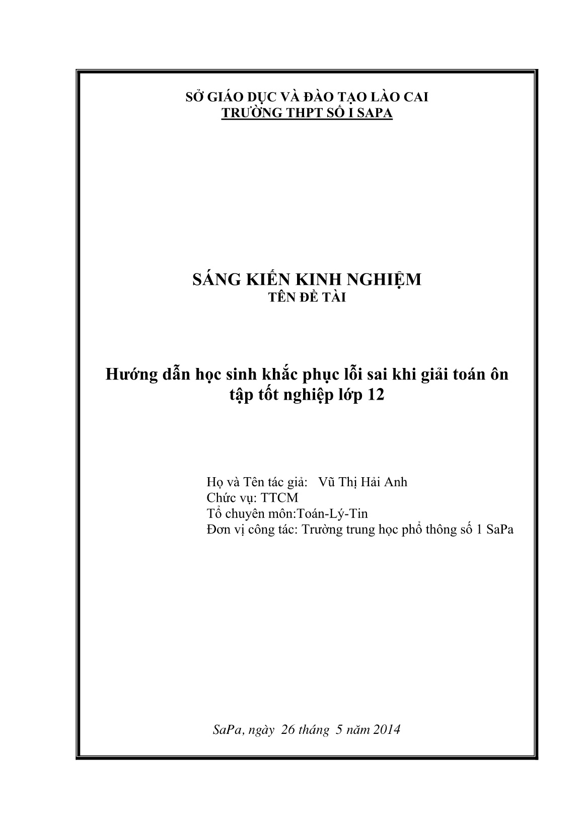 Sáng kiến kinh nghiệm Hướng dẫn học sinh khắc phục lỗi sai khi giải toán ôn tập tốt nghiệp Lớp 12 trang 1 Sáng kiến kinh nghiệm Hướng dẫn học sinh khắc phục lỗi sai khi giải toán ôn tập tốt nghiệp Lớp 12 trang 1