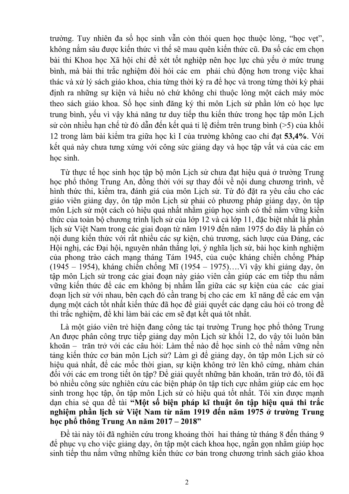 Mô tả Sáng kiến Một số biện pháp kĩ thuật ôn tập hiệu quả thi trắc nghiệm phần lịch sử Việt Nam từ năm 1919 đến năm 1975 ở trường Trung học phổ thông Trung An năm 2017-2018 trang 2