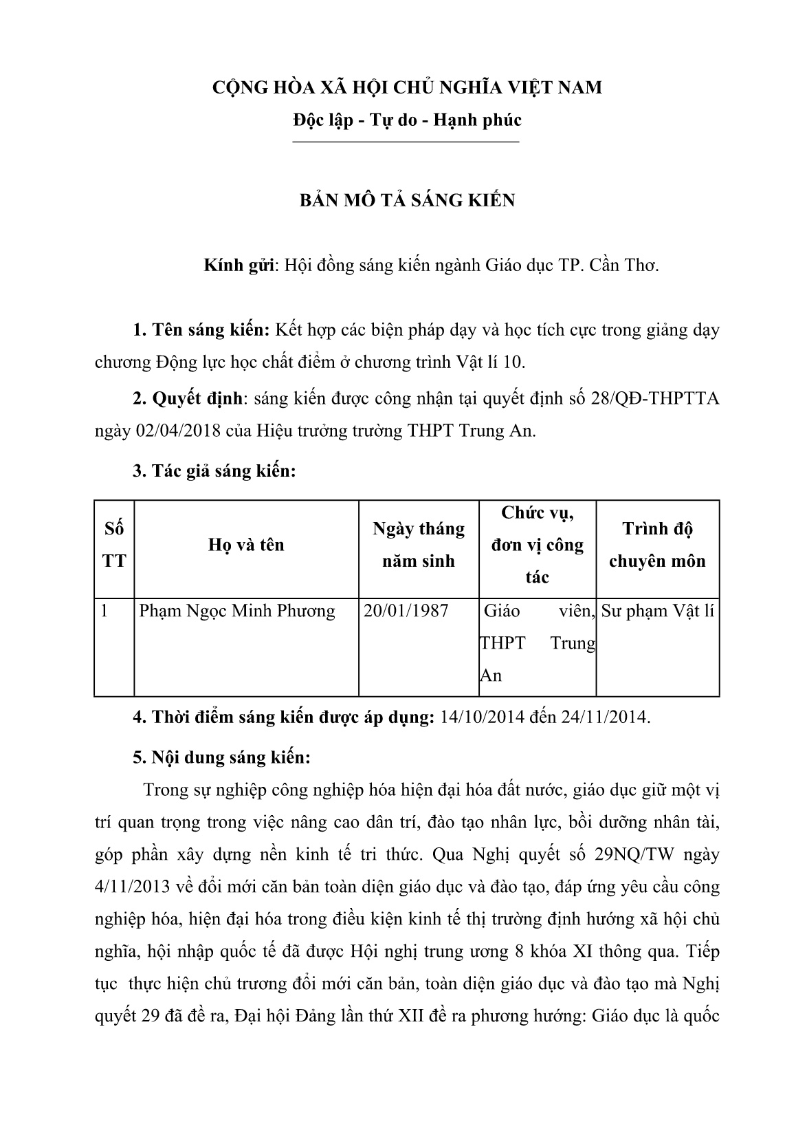 Mô tả Sáng kiến Kết hợp các biện pháp dạy và học tích cực trong giảng dạy chương Động lực học chất điểm ở chương trình Vật lí 10 trang 1