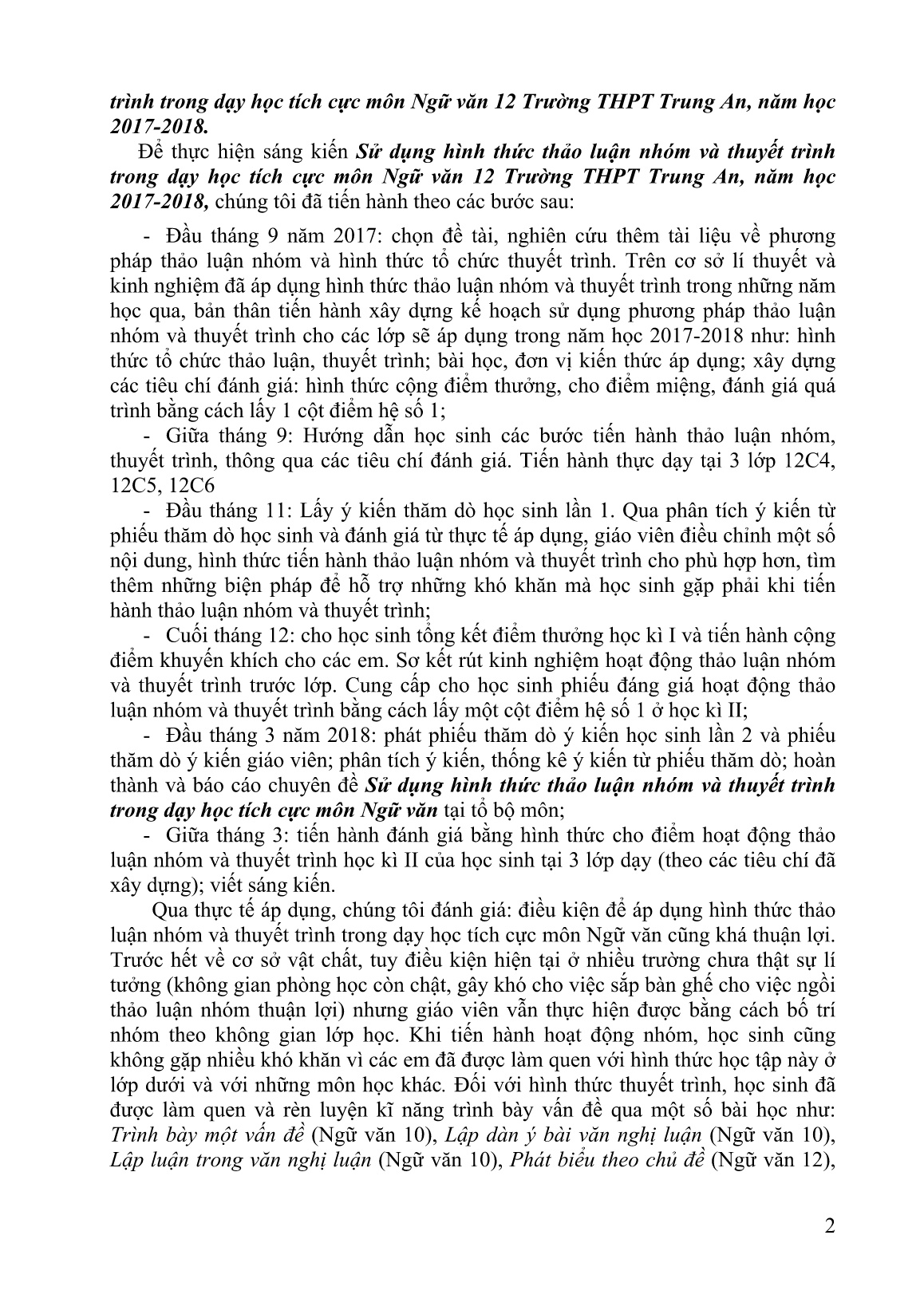 Mô tả Sáng kiến Sử dụng hình thức thảo luận nhóm và thuyết trình trong dạy học tích cực môn Ngữ văn 12 Trường THPT Trung An, năm học 2017-2018 trang 2