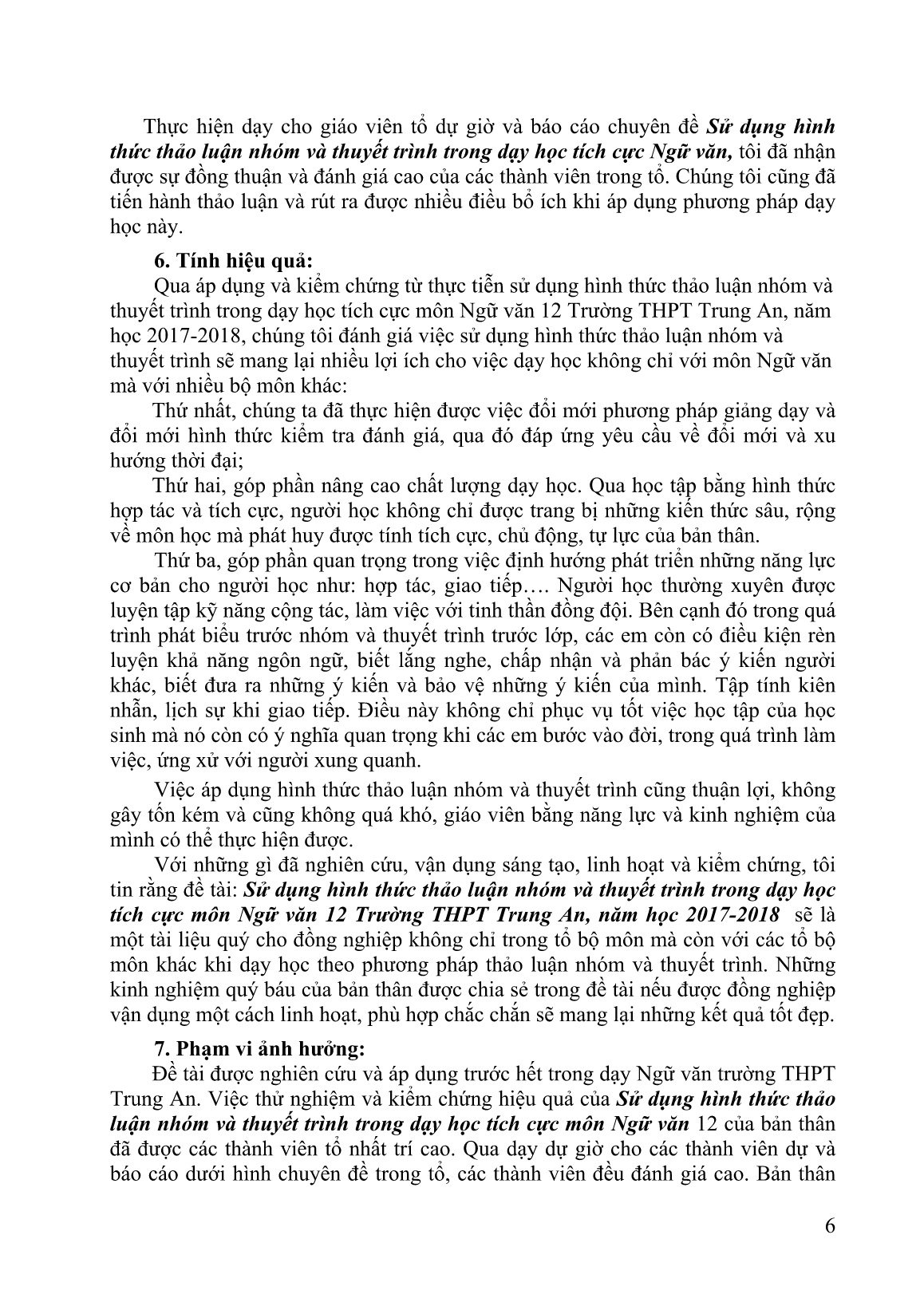 Mô tả Sáng kiến Sử dụng hình thức thảo luận nhóm và thuyết trình trong dạy học tích cực môn Ngữ văn 12 Trường THPT Trung An, năm học 2017-2018 trang 6