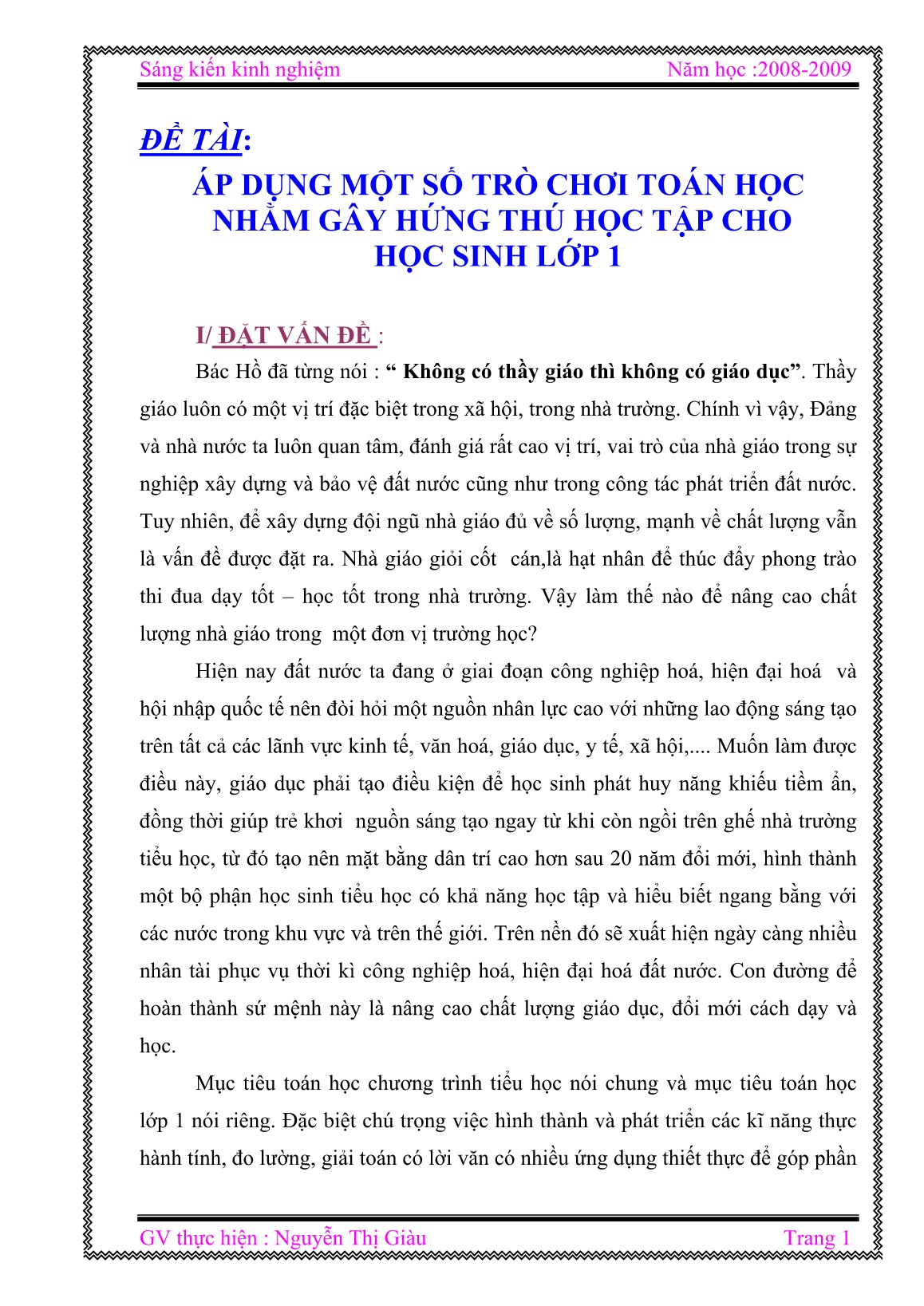 Sáng kiến kinh nghiệm Áp dụng một số trò chơi toán học nhằm gây hứng thú học tập cho học sinh Lớp 1 trang 1 Sáng kiến kinh nghiệm Áp dụng một số trò chơi toán học nhằm gây hứng thú học tập cho học sinh Lớp 1 trang 1