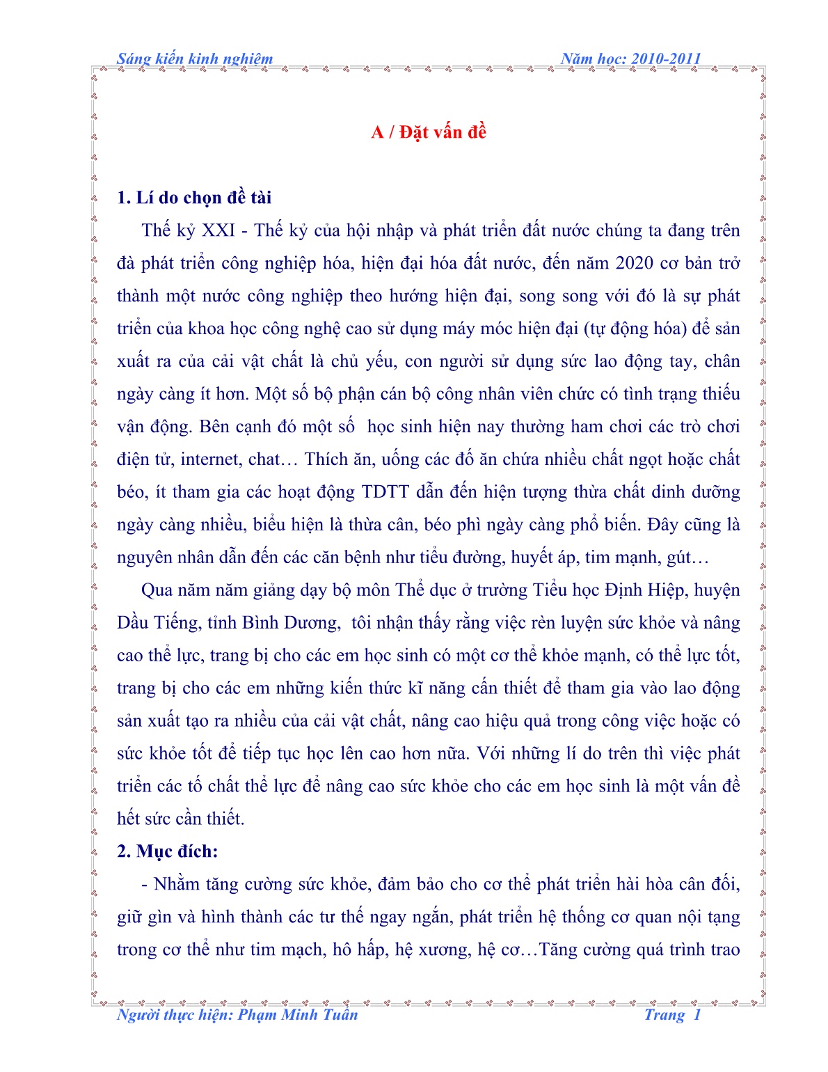Sáng kiến kinh nghiệm Một số biện pháp phát triển thể lực để nâng cao sức khỏe cho học sinh Lớp 5 trang 1 Sáng kiến kinh nghiệm Một số biện pháp phát triển thể lực để nâng cao sức khỏe cho học sinh Lớp 5 trang 1