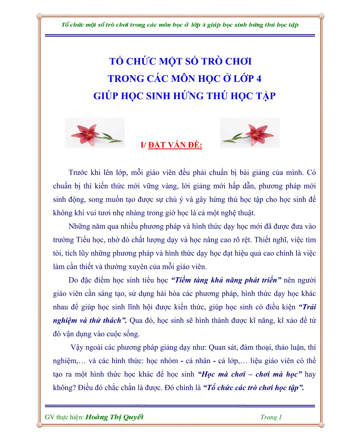 Sáng kiến kinh nghiệm Tổ chức một số trò chơi trong các môn học ở Lớp 4 giúp học sinh hứng thú học tập trang 1