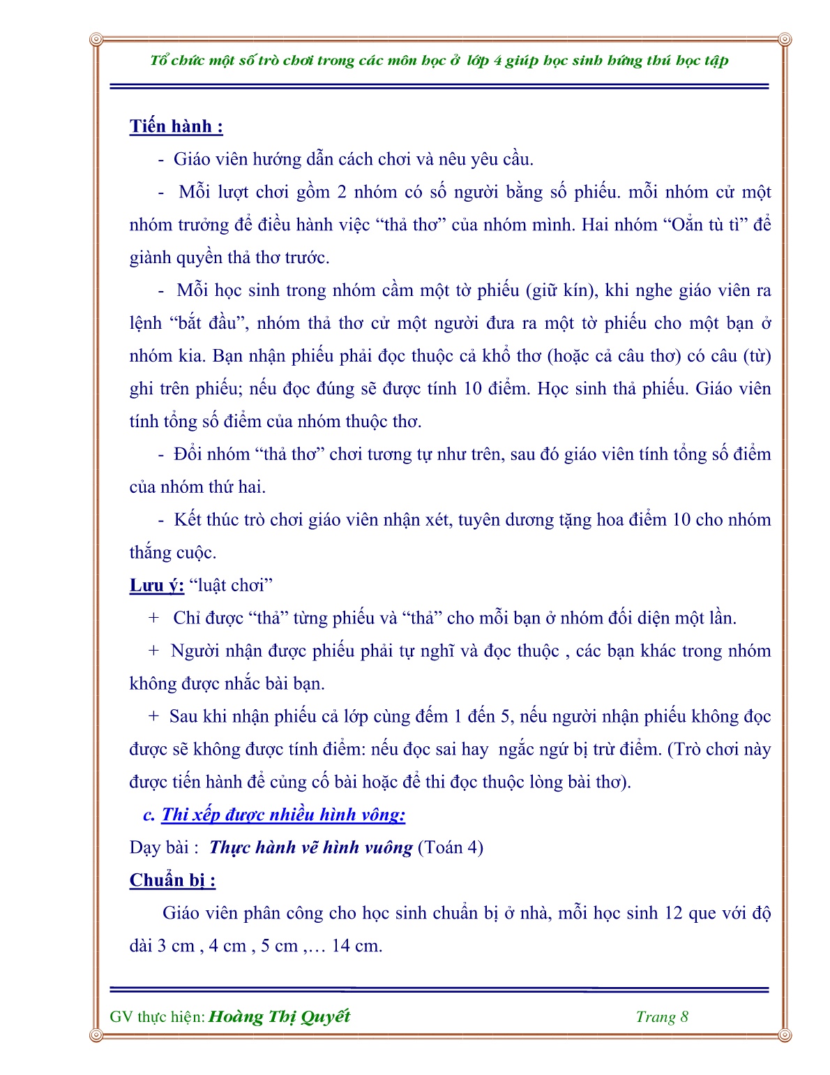 Sáng kiến kinh nghiệm Tổ chức một số trò chơi trong các môn học ở Lớp 4 giúp học sinh hứng thú học tập trang 8
