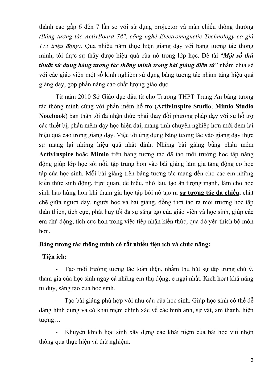 Mô tả Sáng kiến Một số thủ thuật sử dụng bảng tương tác thông minh trong bài giảng điện tử môn Vật lý ở Trường THPT Trung An trang 2