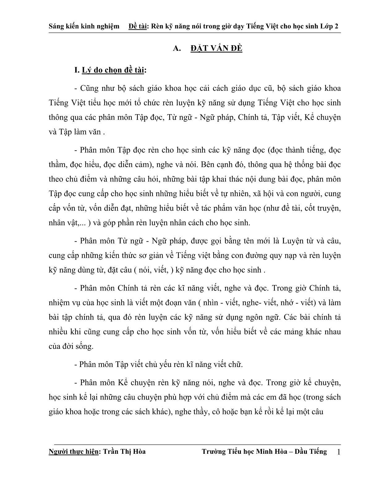 Sáng kiến kinh nghiệm Rèn kĩ năng nói trong giờ dạy Tiếng Việt cho học sinh Lớp 2 tại Trường Tiểu học Minh Hòa trang 1 Sáng kiến kinh nghiệm Rèn kĩ năng nói trong giờ dạy Tiếng Việt cho học sinh Lớp 2 tại Trường Tiểu học Minh Hòa trang 1