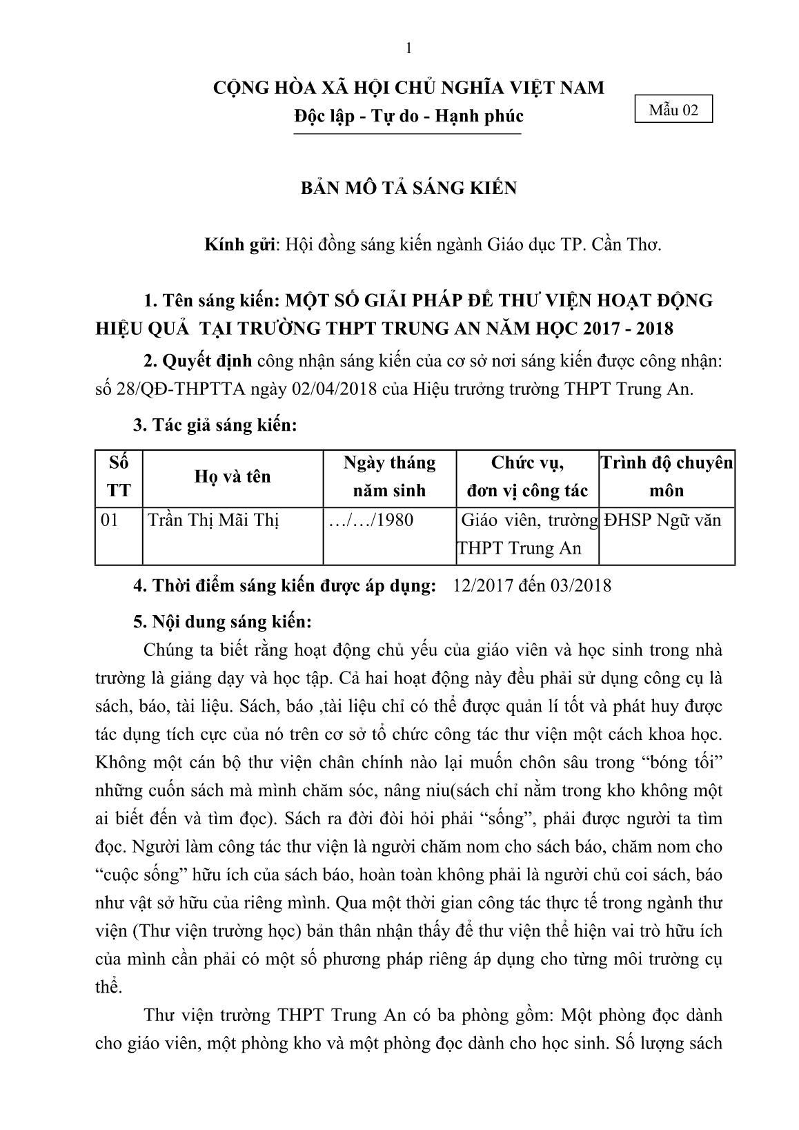 Mô tả Sáng kiến Một số giải pháp để thư viện hoạt động hiệu quả tại trường THPT Trung An năm học 2017-2018 trang 1