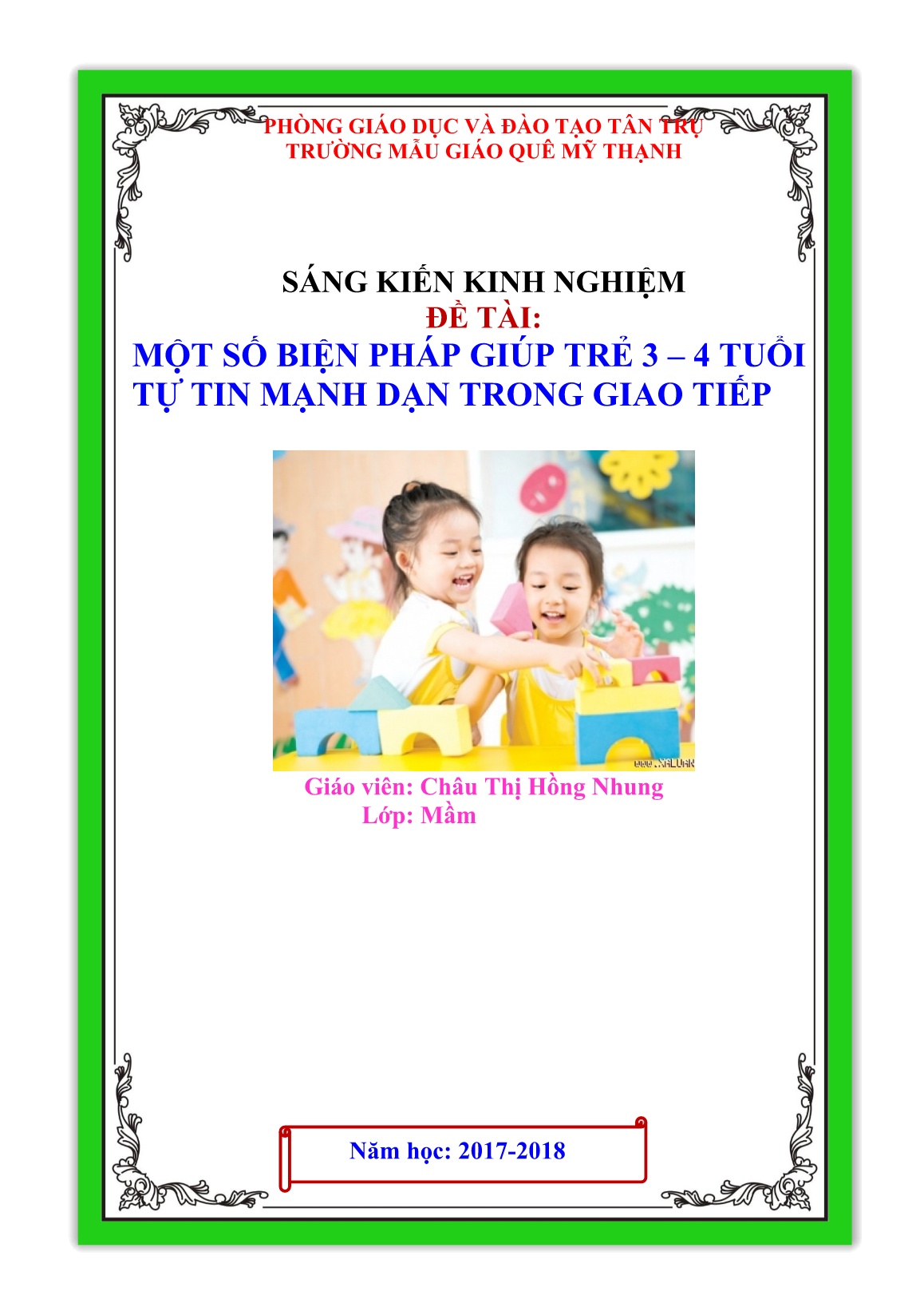 Sáng kiến kinh nghiệm Một số biện pháp giúp trẻ 3-4 tuổi tự tin mạnh dạn trong giao tiếp trang 1