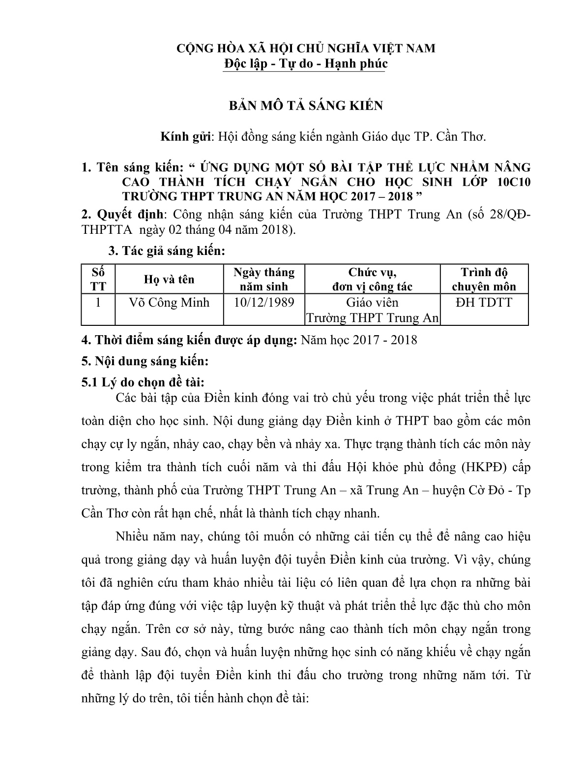 Mô tả Sáng kiến Ứng dụng một số bài tập thể lực nhằm nâng cao thành tích chạy ngắn cho học sinh Lớp 10c10 trường THPT Trung An năm học 2017-2018 trang 1